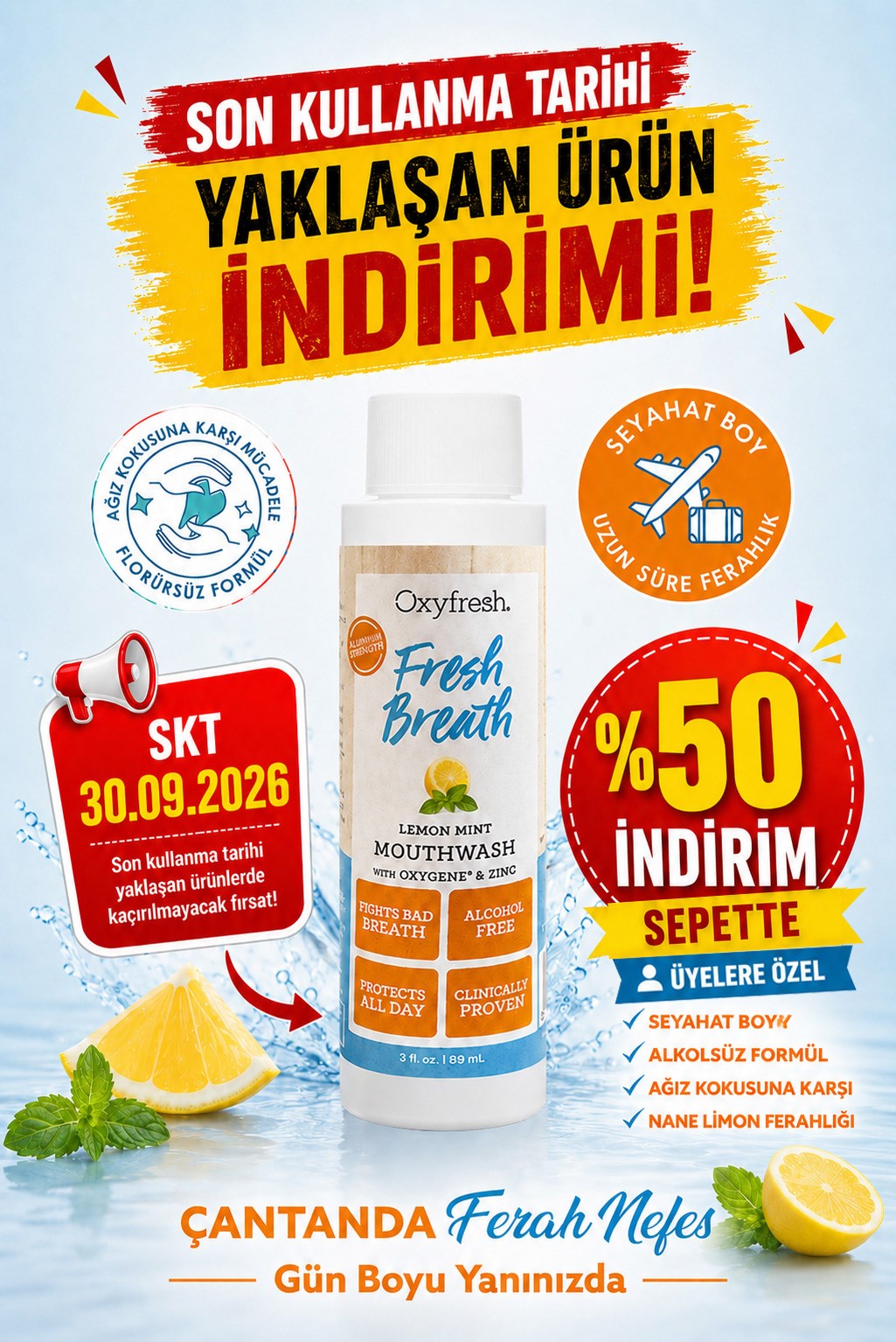 ALKOLSÜZ ÇİNKOLU NANE LİMON AĞIZ BAKIM SUYU SEYAHAT BOYU 90 ml.
