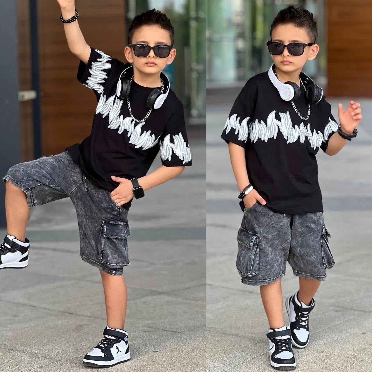 Alev Desenli Şortlu Takım - Siyah (4-12Yaş)