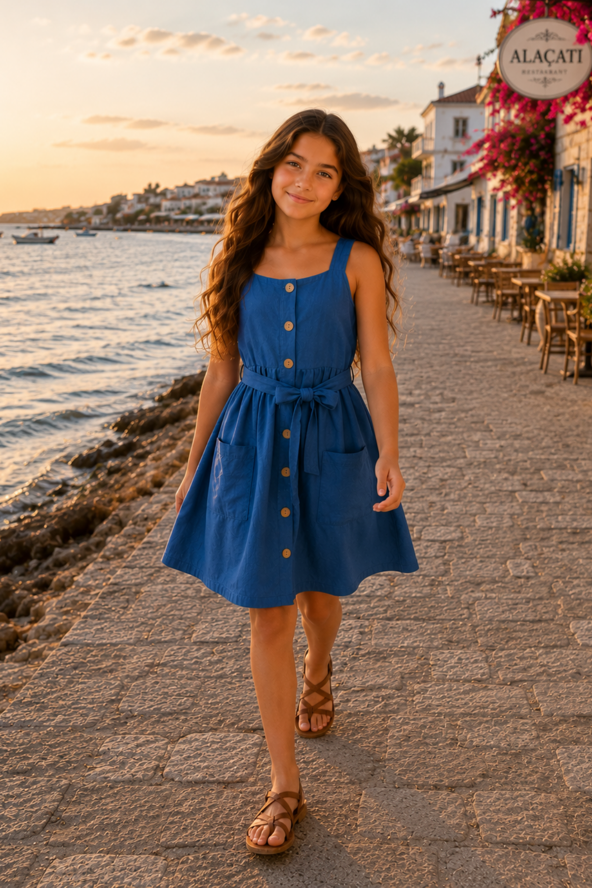 Kuşak Detay Astarlı Elbise Mavi  (6-14 yaş aralığı)