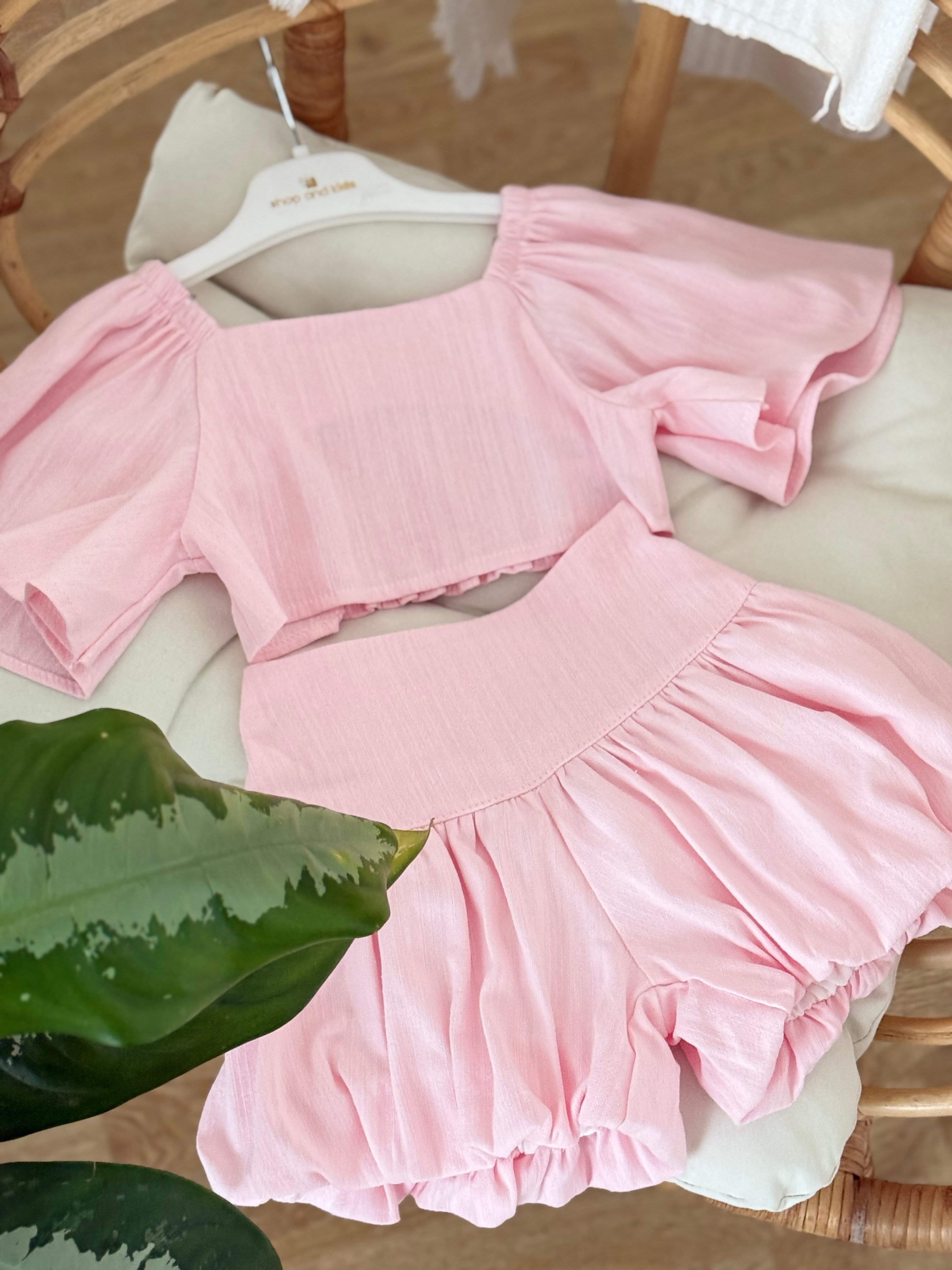 Crop Balon Şort Etekli Keten  Takım - Pembe (2-8yaş)