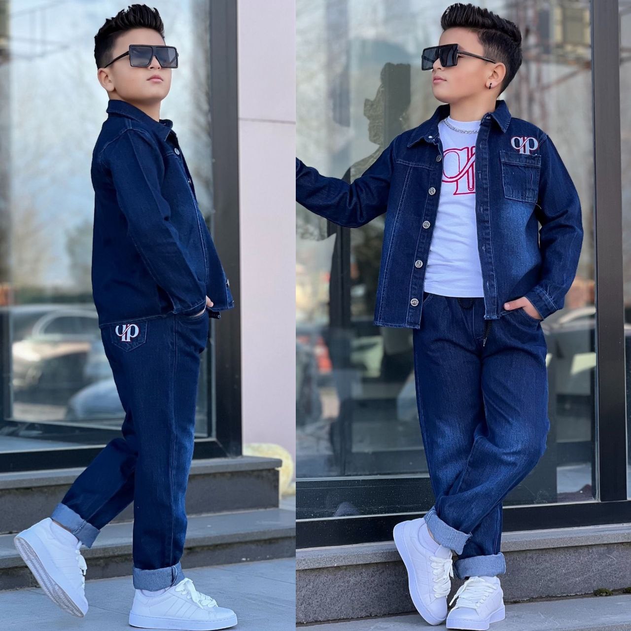 Denim Ceketli Tarz 3lü Takım-Mavi (4-14yaş)