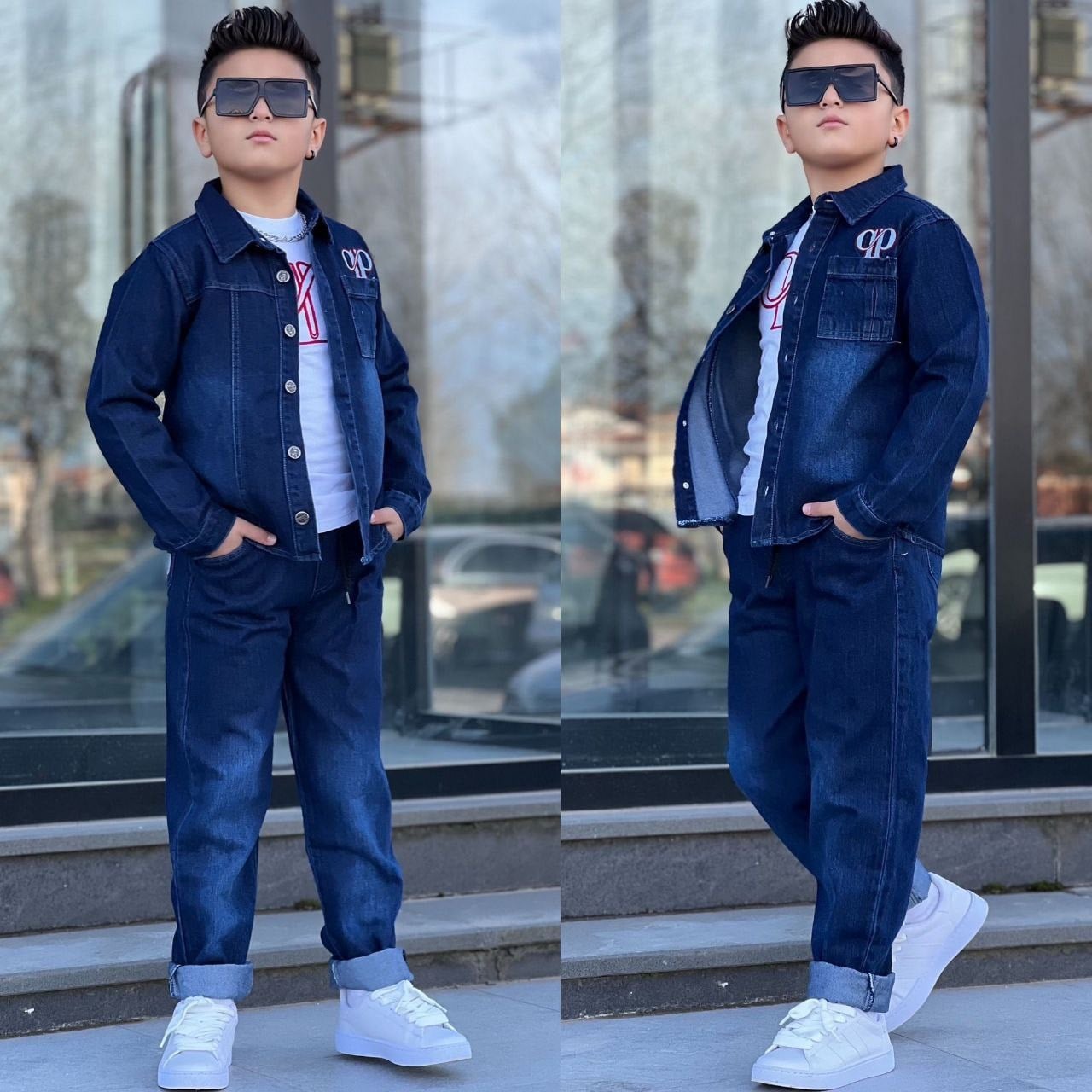 Denim Ceketli Tarz 3lü Takım-Mavi (4-14yaş)