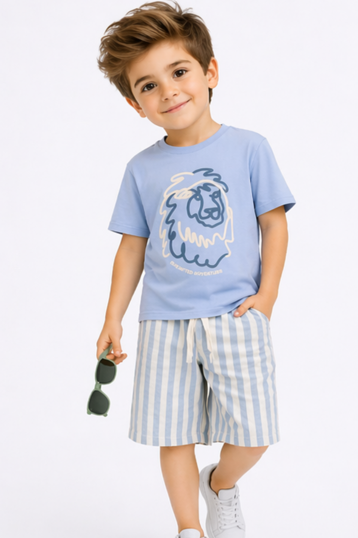  Aslan Baskılı Dokuma Şortlu Takım (7019) - Mavi (4-12Yaş)