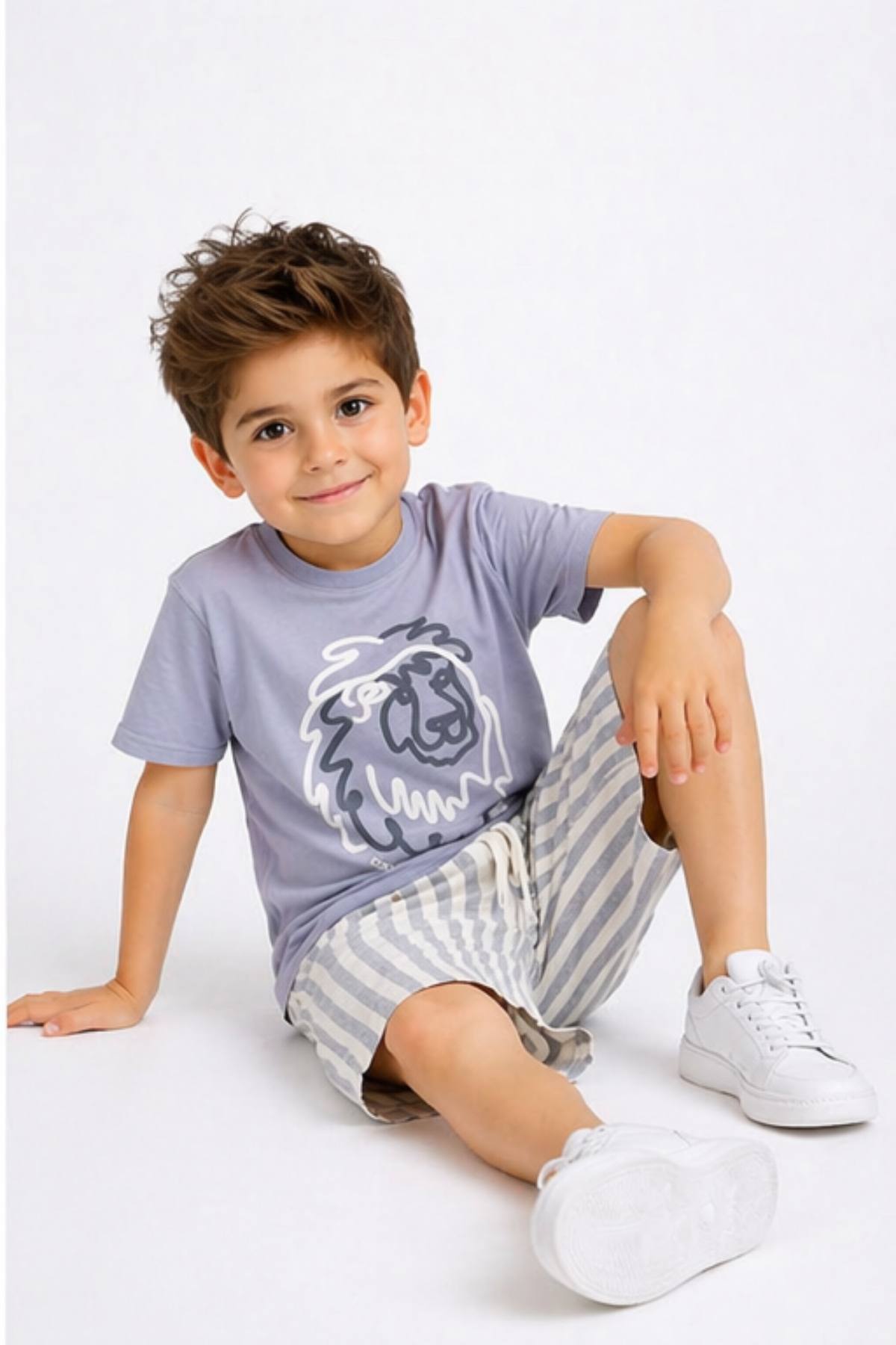 Aslan Baskılı Dokuma Şortlu Takım  - Gri (4-12Yaş)