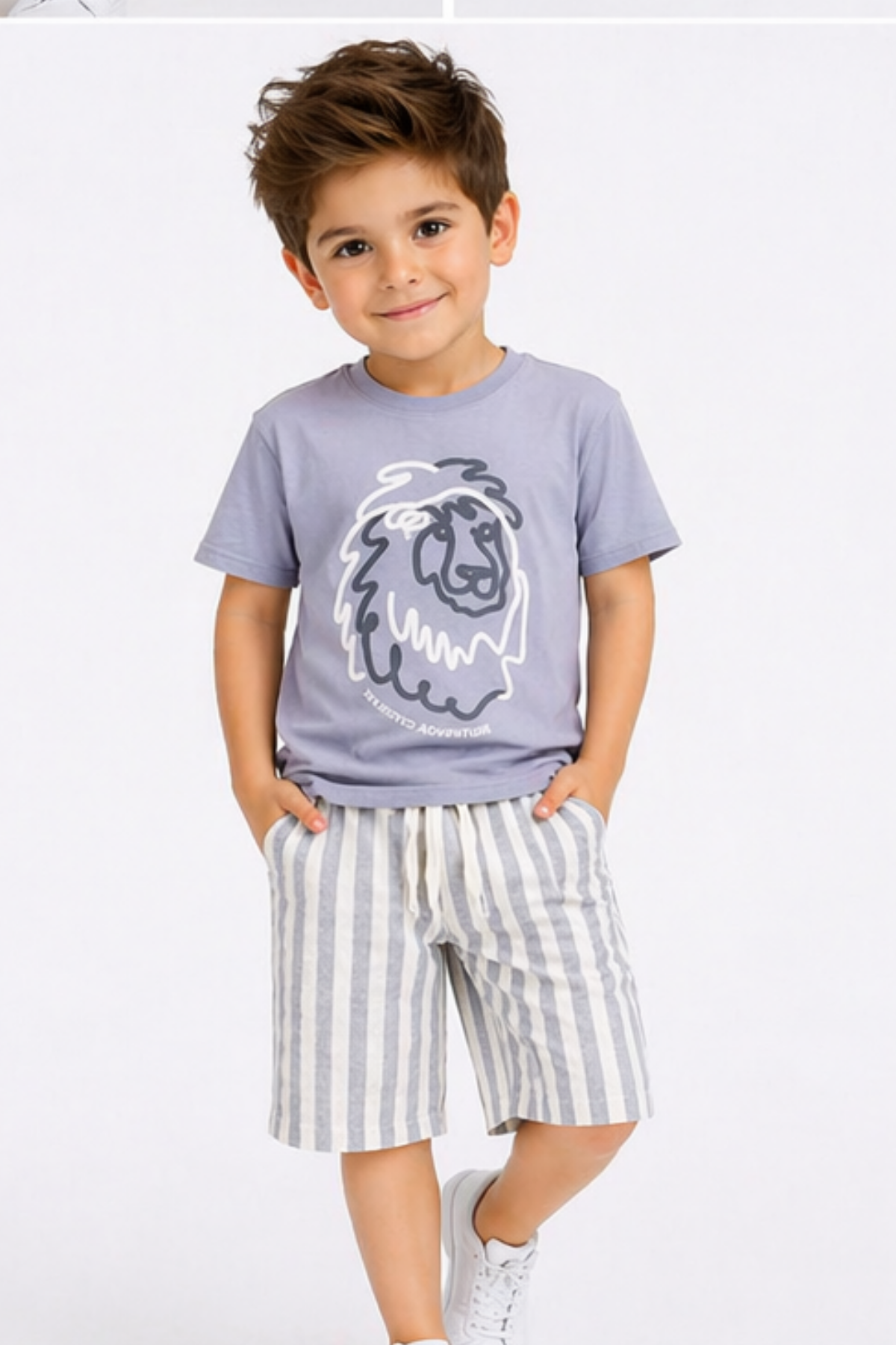 Aslan Baskılı Dokuma Şortlu Takım  - Gri (4-12Yaş)
