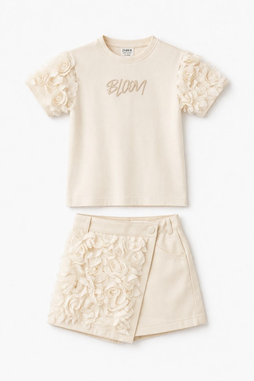 Gül Dokulu Şort Etekli Takım - Bej (4-12yaş)