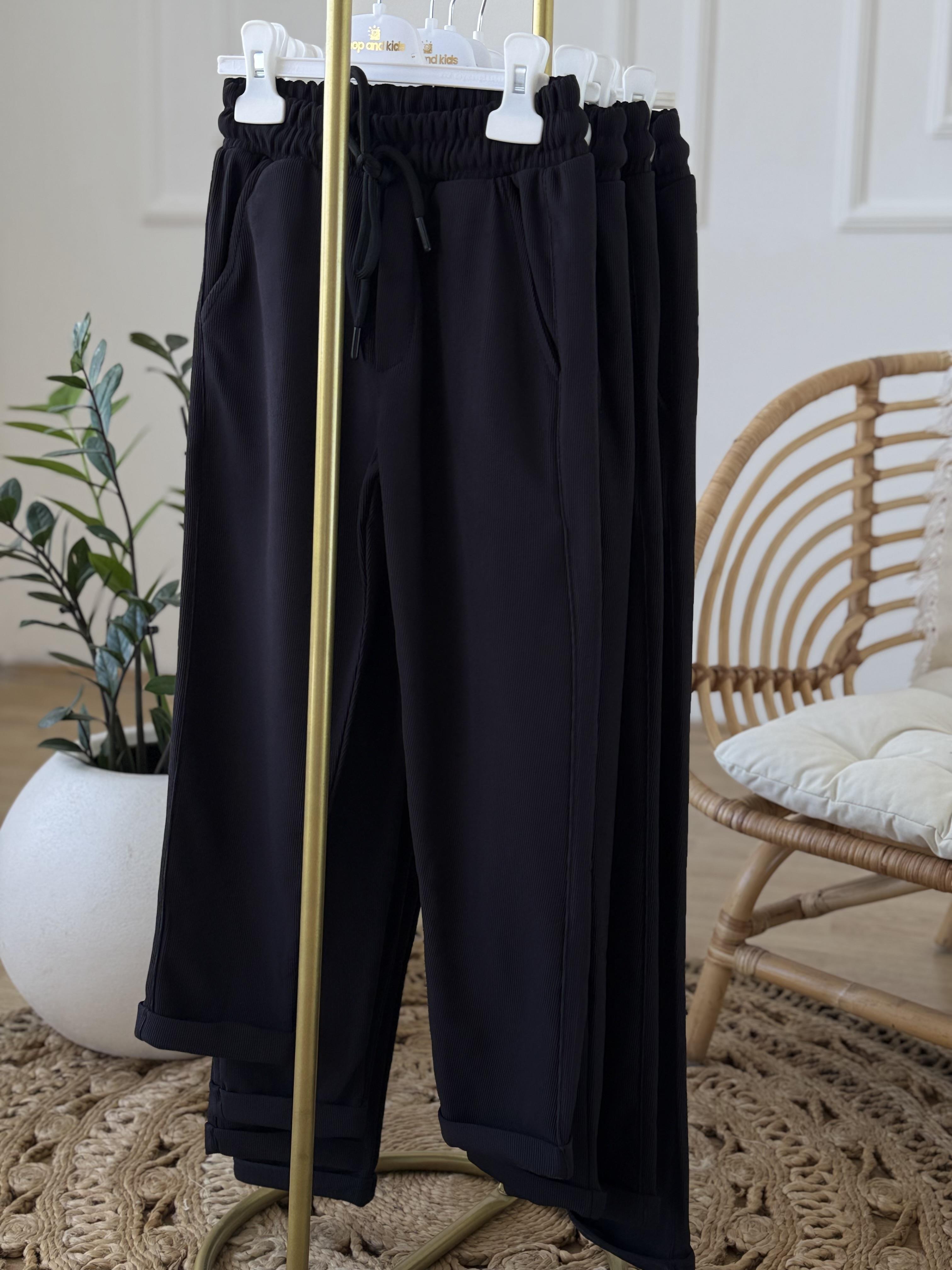 double Paça Şardonlu Pantolon-Siyah (6-16 yaş)