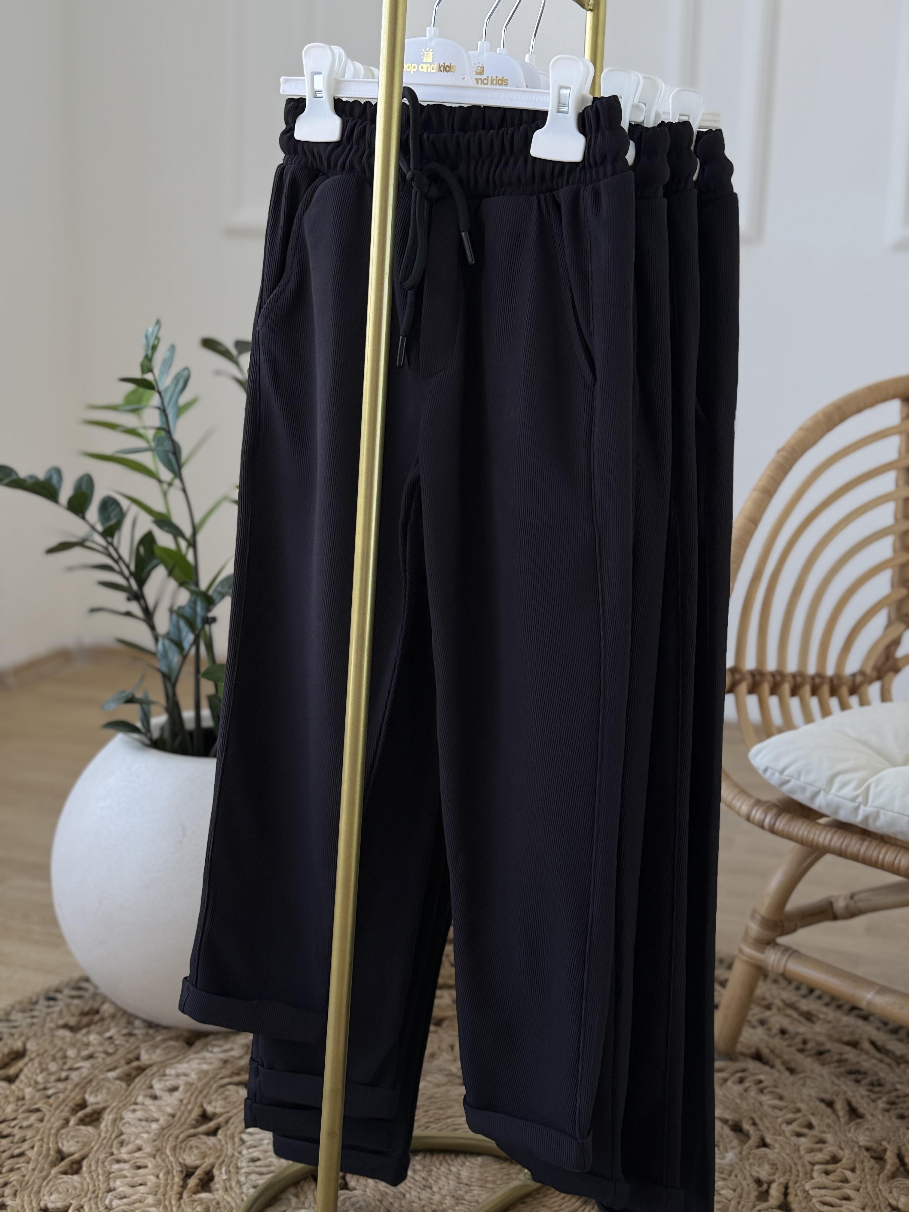 double Paça Şardonlu Pantolon-Siyah (6-16 yaş)