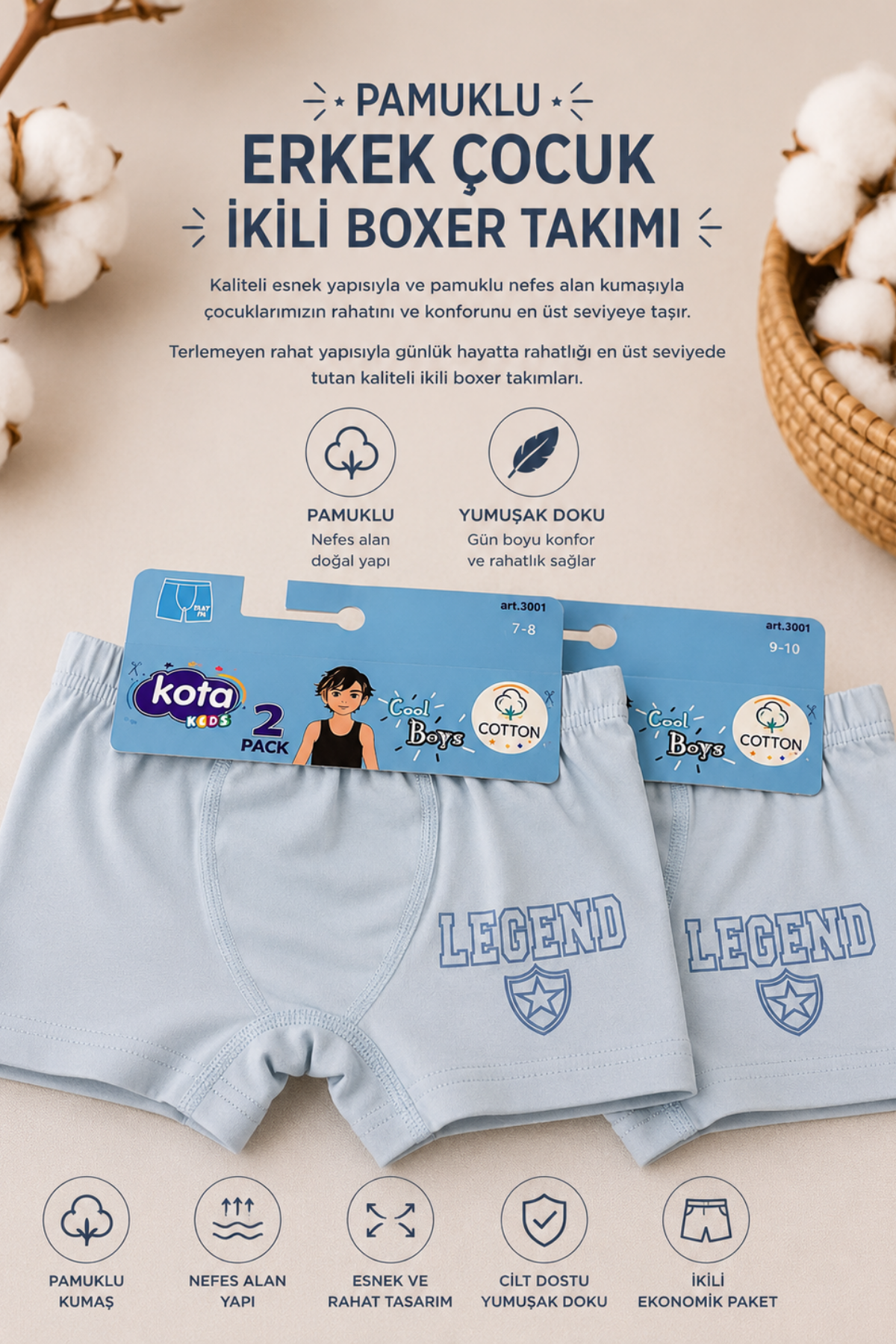 Erkek Çocuk Boxer 2li-  Açık Mavi (7-12 yaş aralığı)