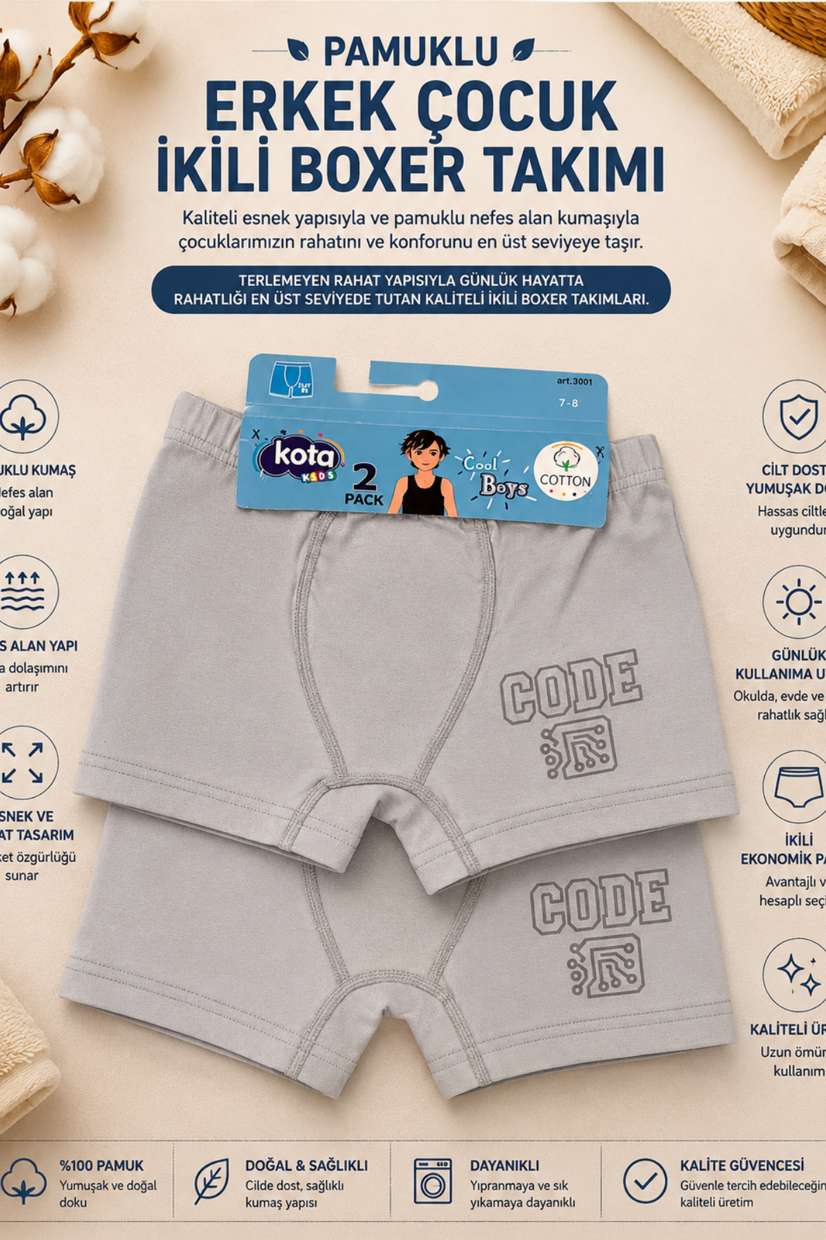 Erkek Çocuk Boxer 2li- Koyu Gri (7-12 yaş aralığı)