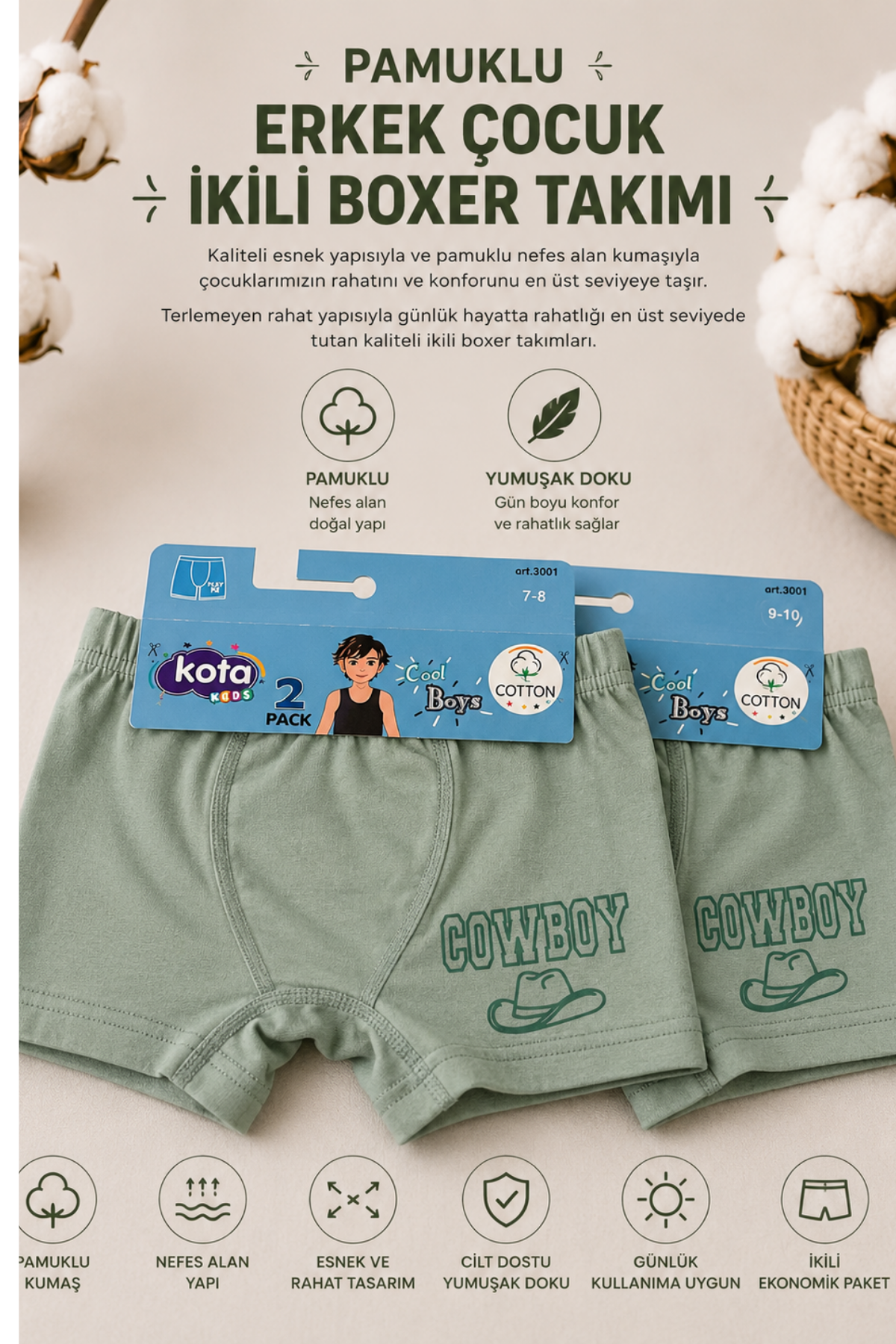 Erkek Çocuk Boxer 2li- Yeşil (7-12 yaş aralığı)