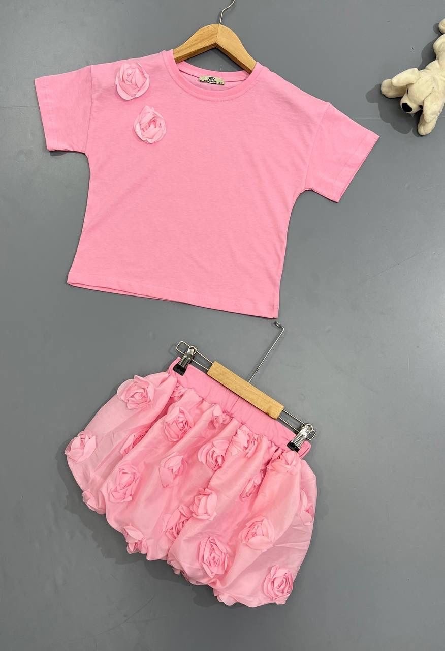 Gül Dokulu Balon Etekli Takım - Pembe (4-12yaş)