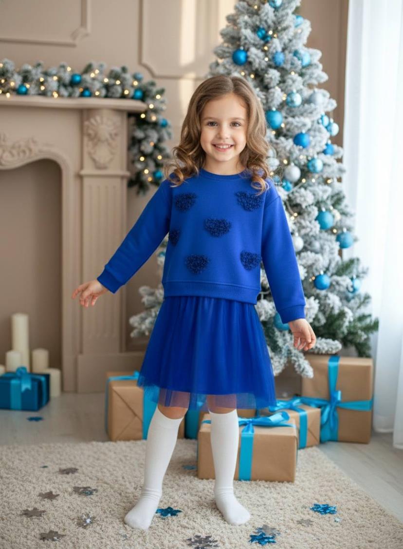 Kalp Detay Tüllü Elbise-Lacivert (2yaş-8yaş)