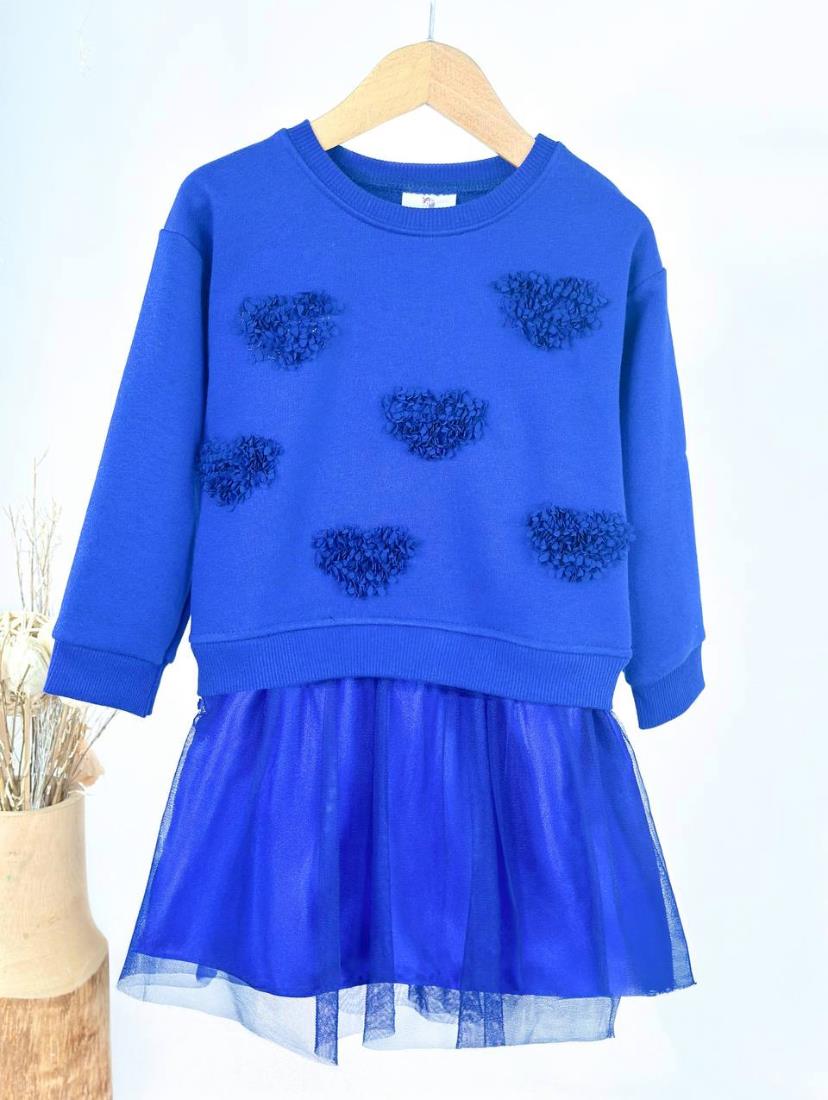 Kalp Detay Tüllü Elbise-Lacivert (2yaş-8yaş)