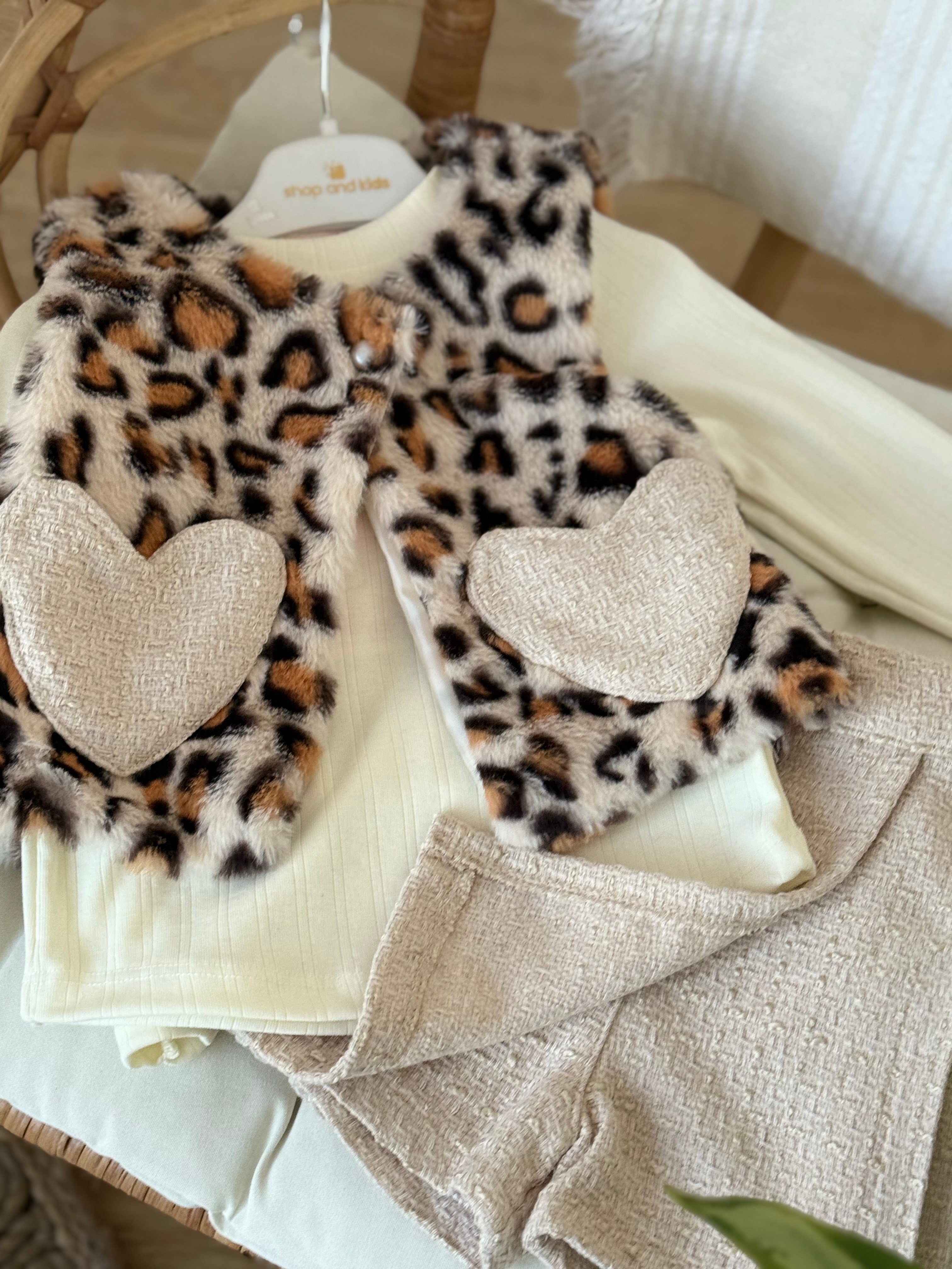 Leopar Yelekli Şort Etek 3 Parça Takım -Krem(2-5yaş)