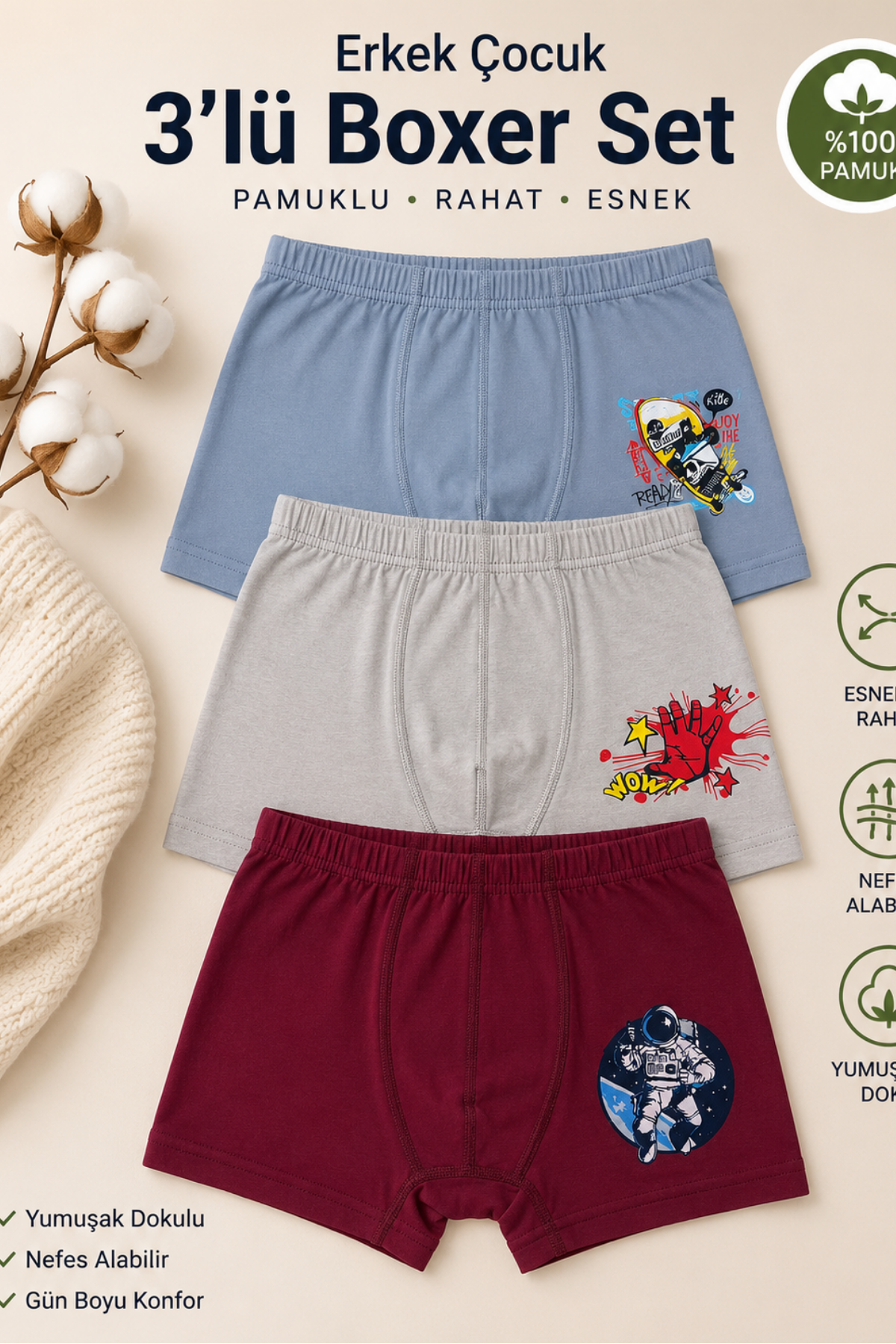 Luxxa Erkek Çocuk 3'lü Boxer Set- Asorti (3-12 yaş aralığı)