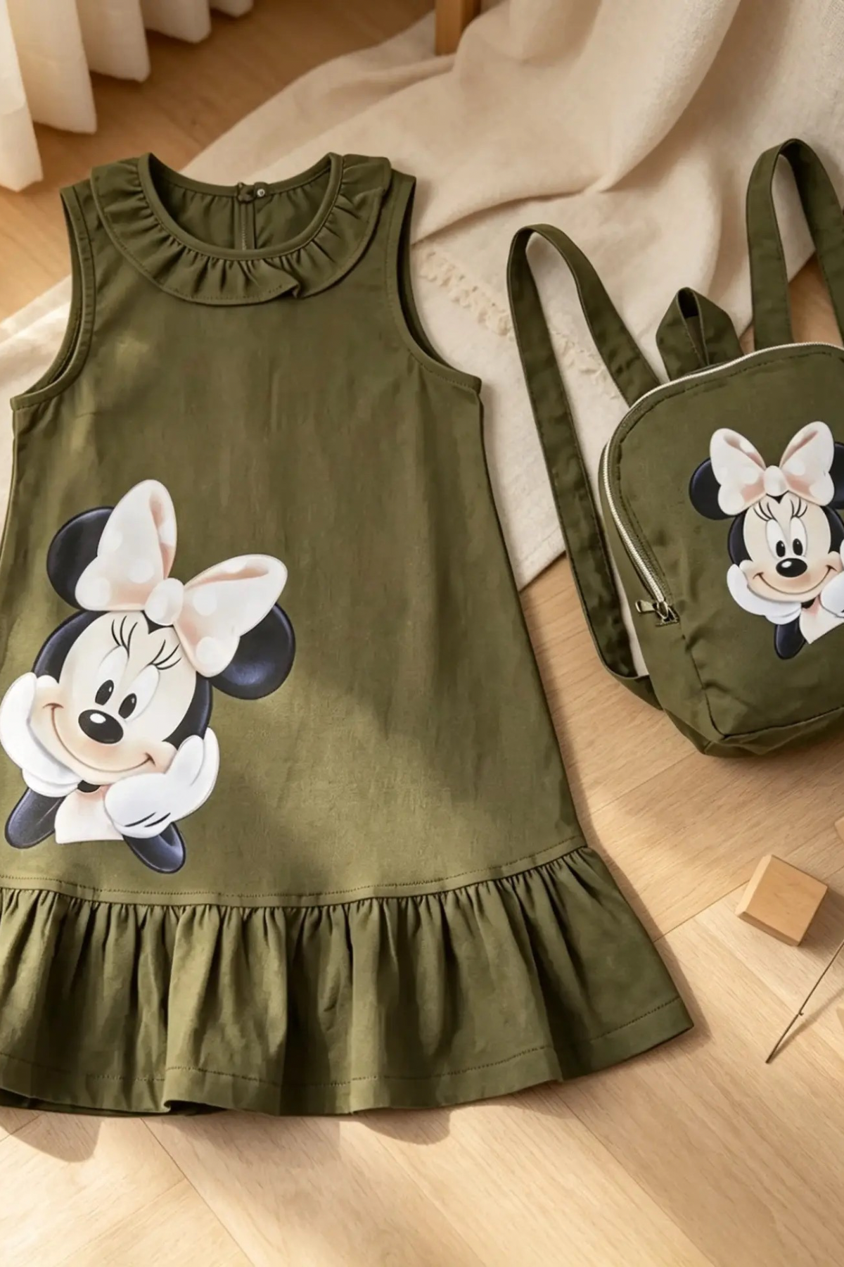 Minnie Çantalı  Elbise Haki-(2-9 yaş)