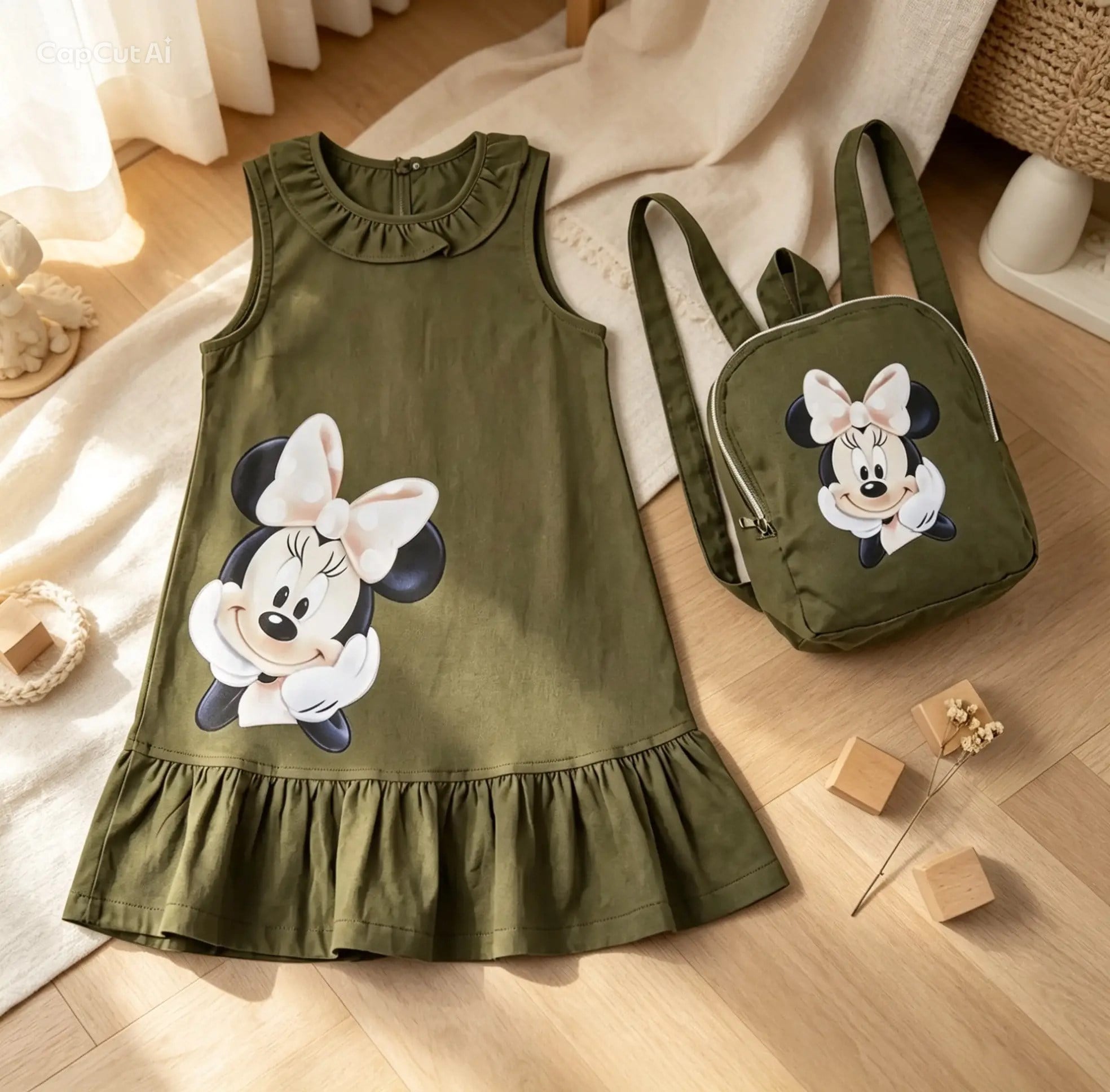 Minnie Çantalı  Elbise Haki-(2-9 yaş)