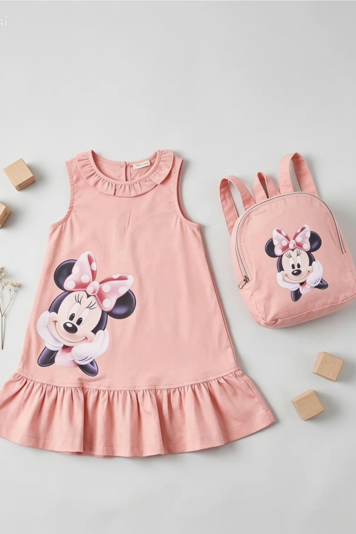 Minnie Çantalı  Elbise Somon-(2-9 yaş)