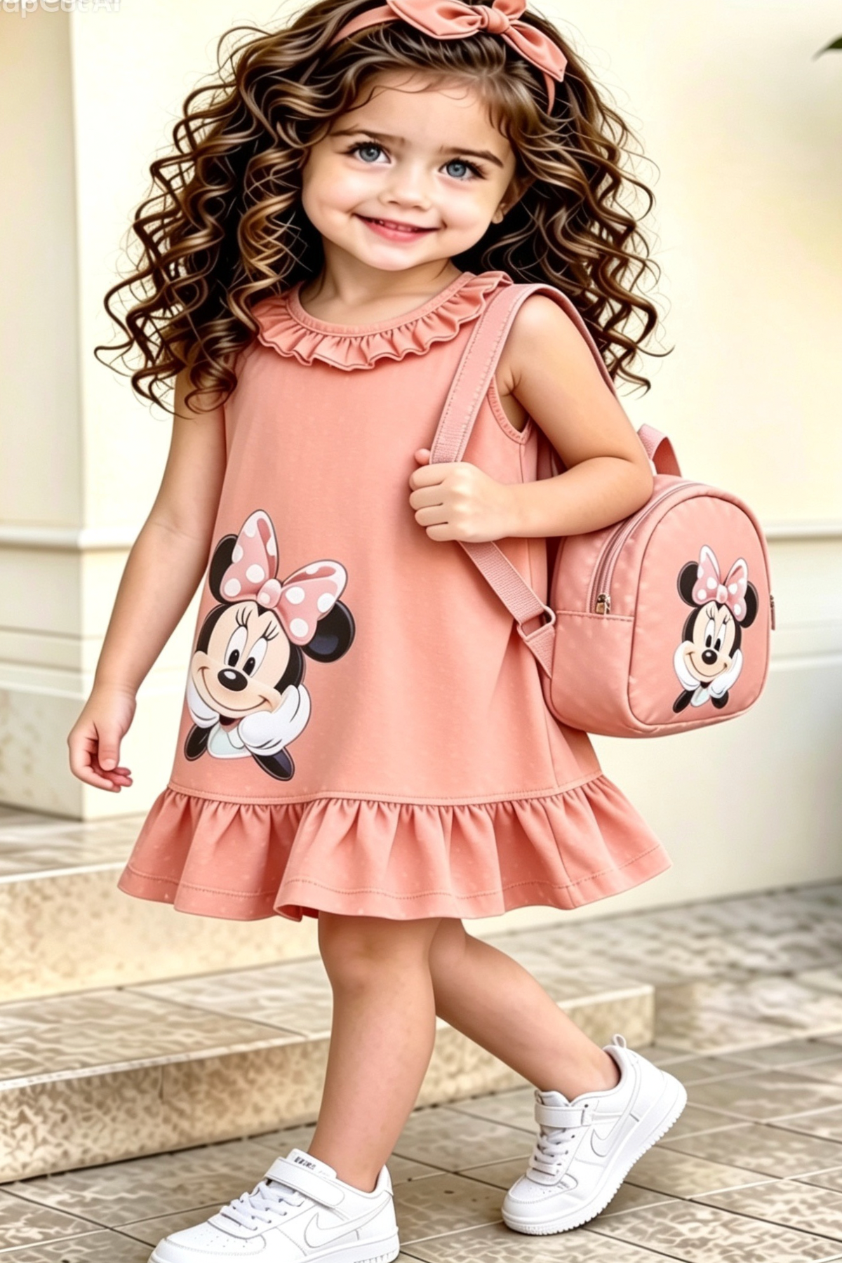 Minnie Çantalı  Elbise Somon-(2-9 yaş)