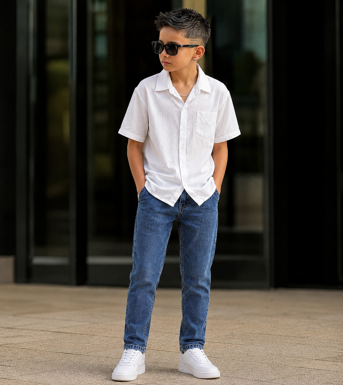 Müslin Gömlekli Denim Pantolonlu Takım - Beyaz (11-15yaş aralığı)