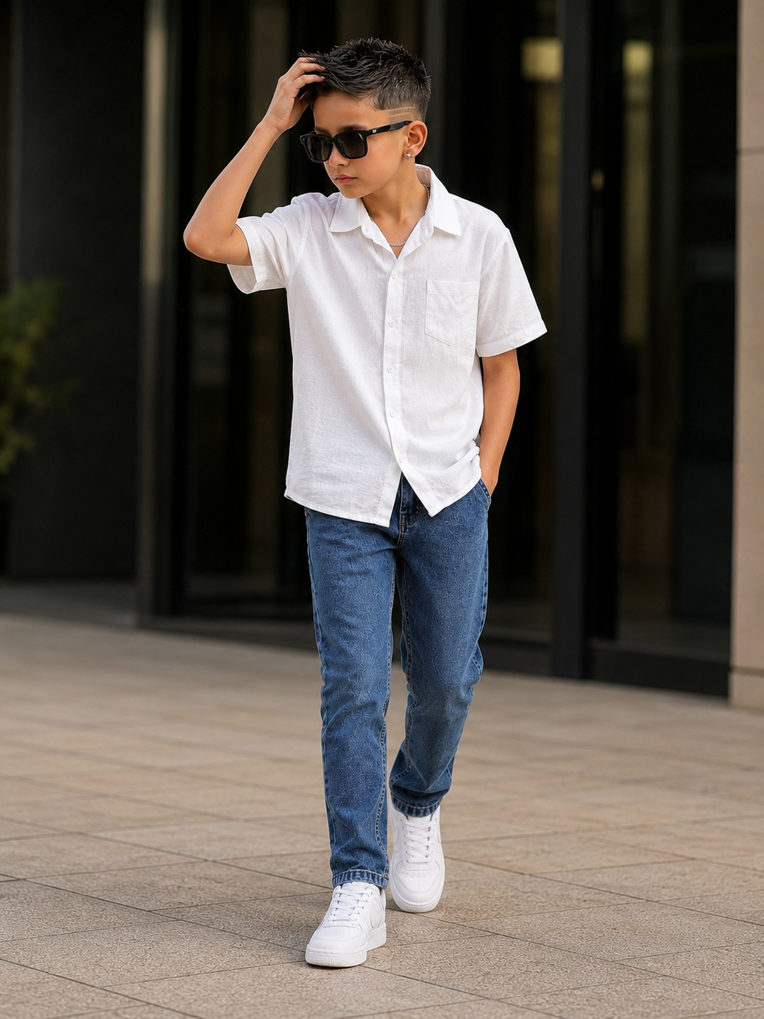Müslin Gömlekli Denim Pantolonlu Takım - Beyaz (11-15yaş aralığı)