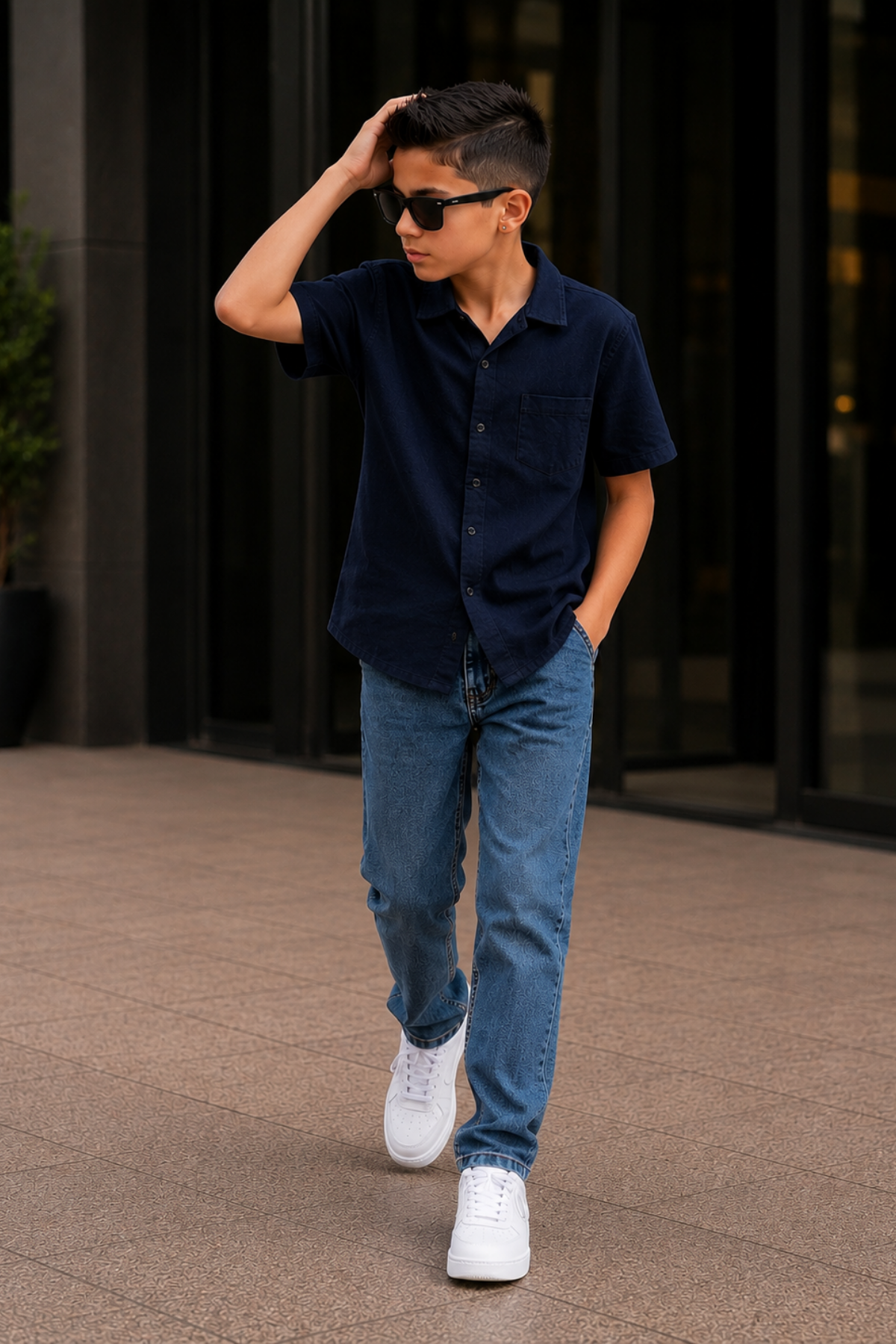 Müslin Gömlekli Denim Pantolonlu Takım - Lacivert (11-15yaş aralığı)