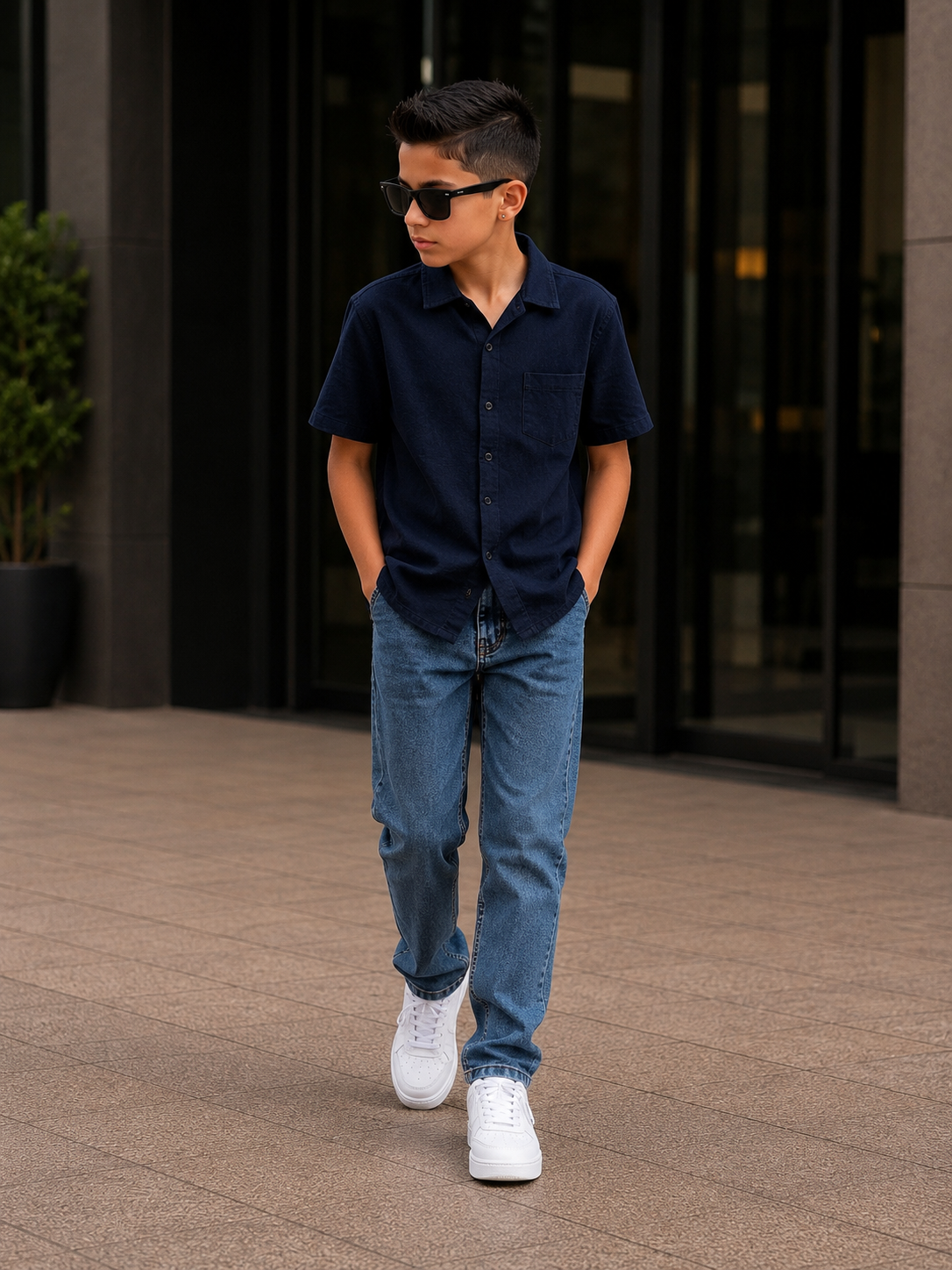 Müslin Gömlekli Denim Pantolonlu Takım - Lacivert (11-15yaş aralığı)