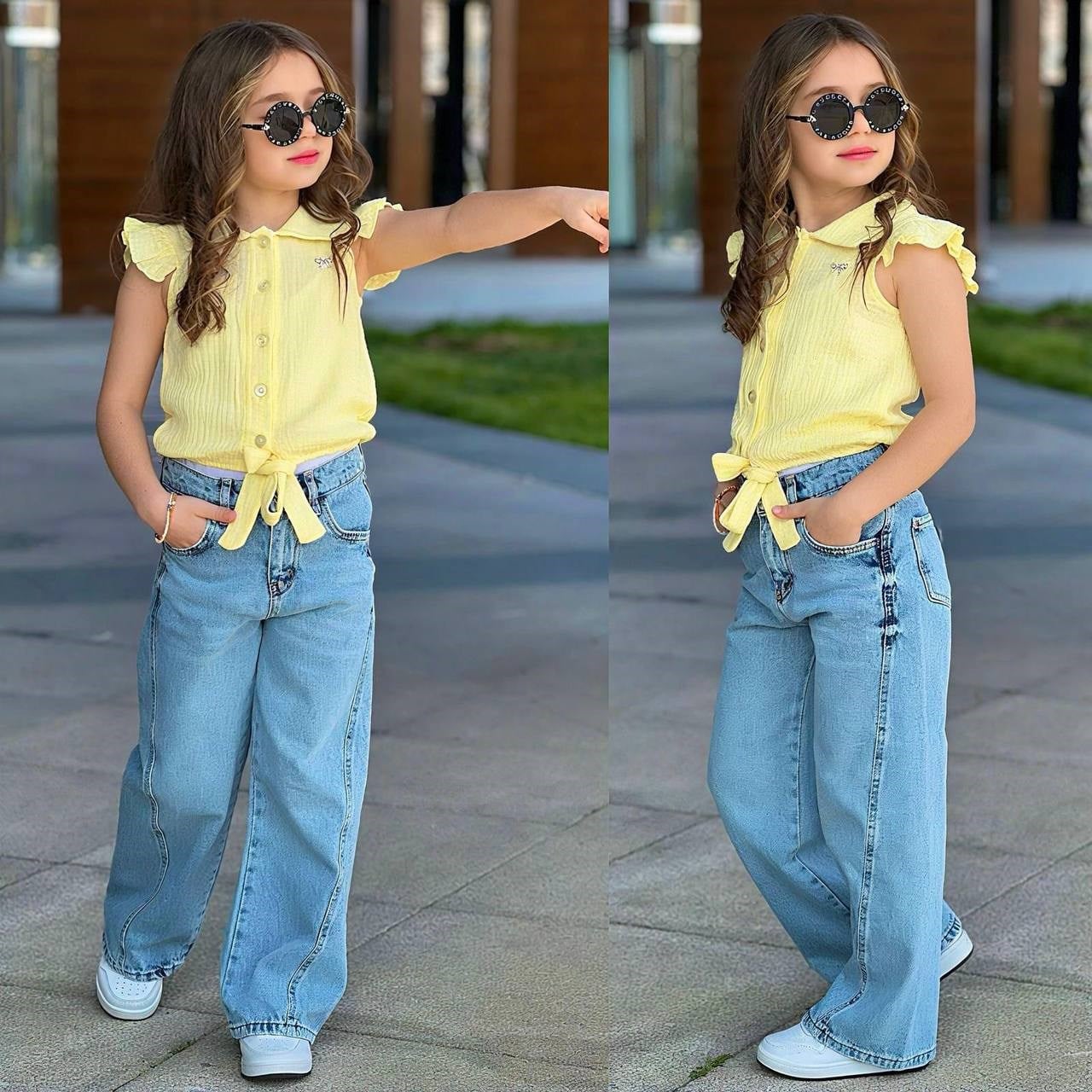 Müslin Gömlekli Kot Pantolonlu Takım - Sarı (5-14 yaş aralığı)