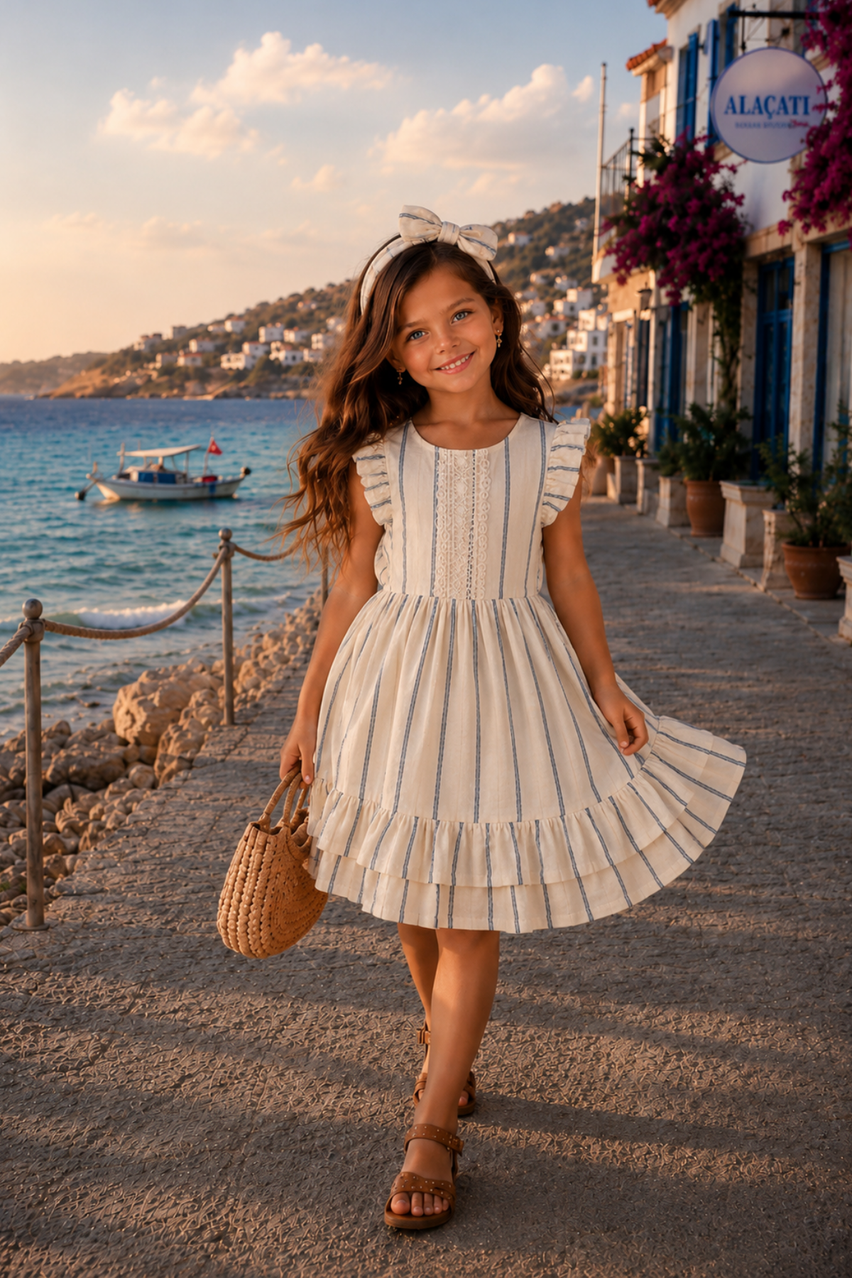 Müslin Volan Detay Astarlı Elbise-Mavi (2-10 yaş aralığı)