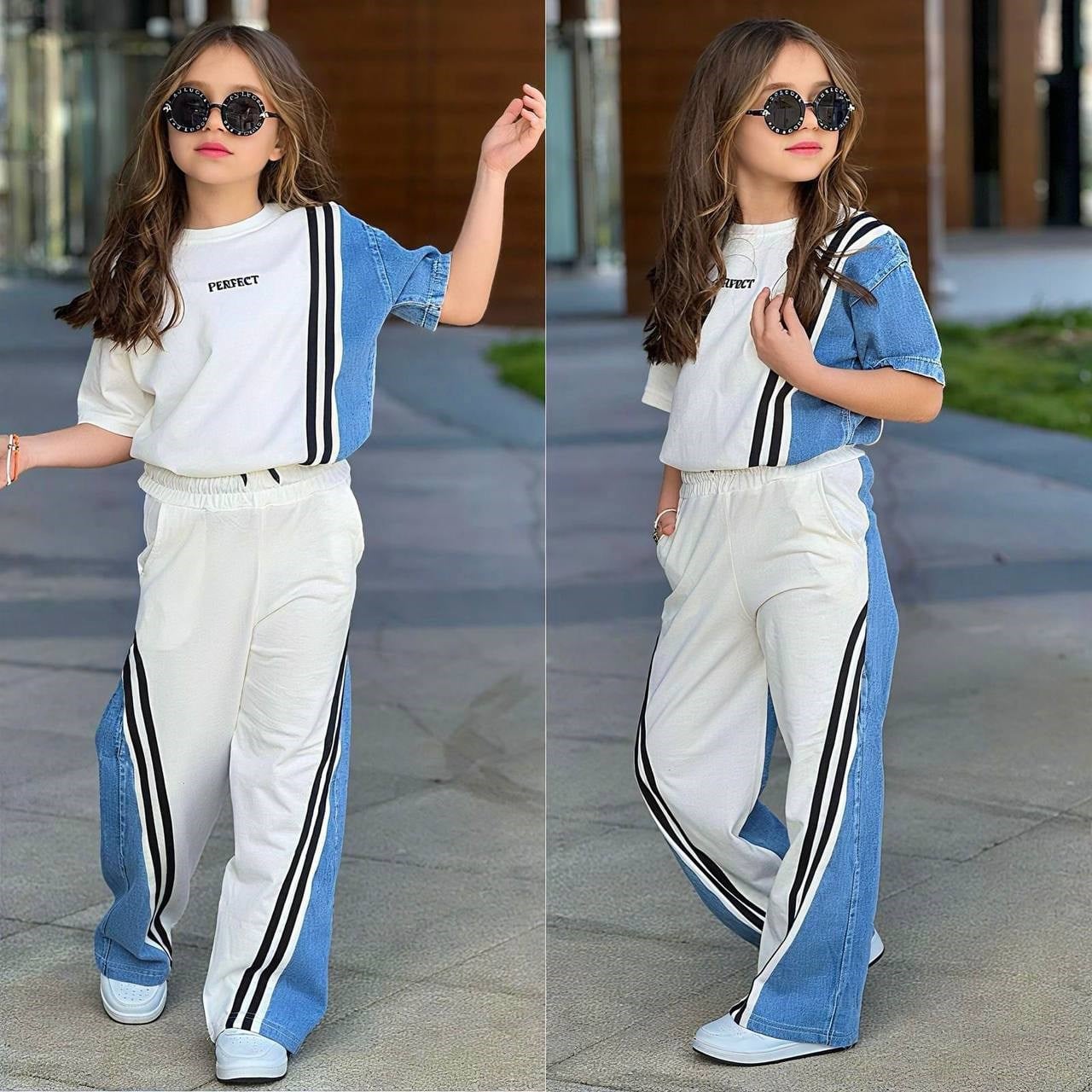 Perfect Jean Şeritli Kısa Kollu Takım -Beyaz(5-14 yaş)
