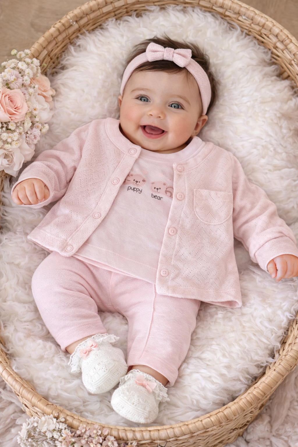 Puppy Bear Hırkalı 3 lü Takım - Soft Pembe (6ay-18ay)