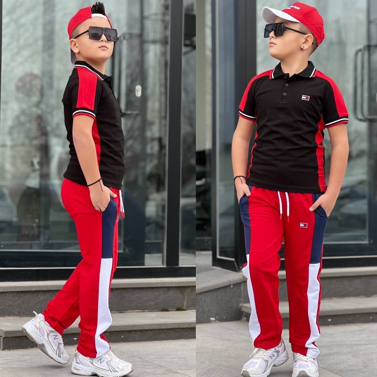 Şapkalı 3 Parça Takım-Siyah Kırmızı(4-16yaş)