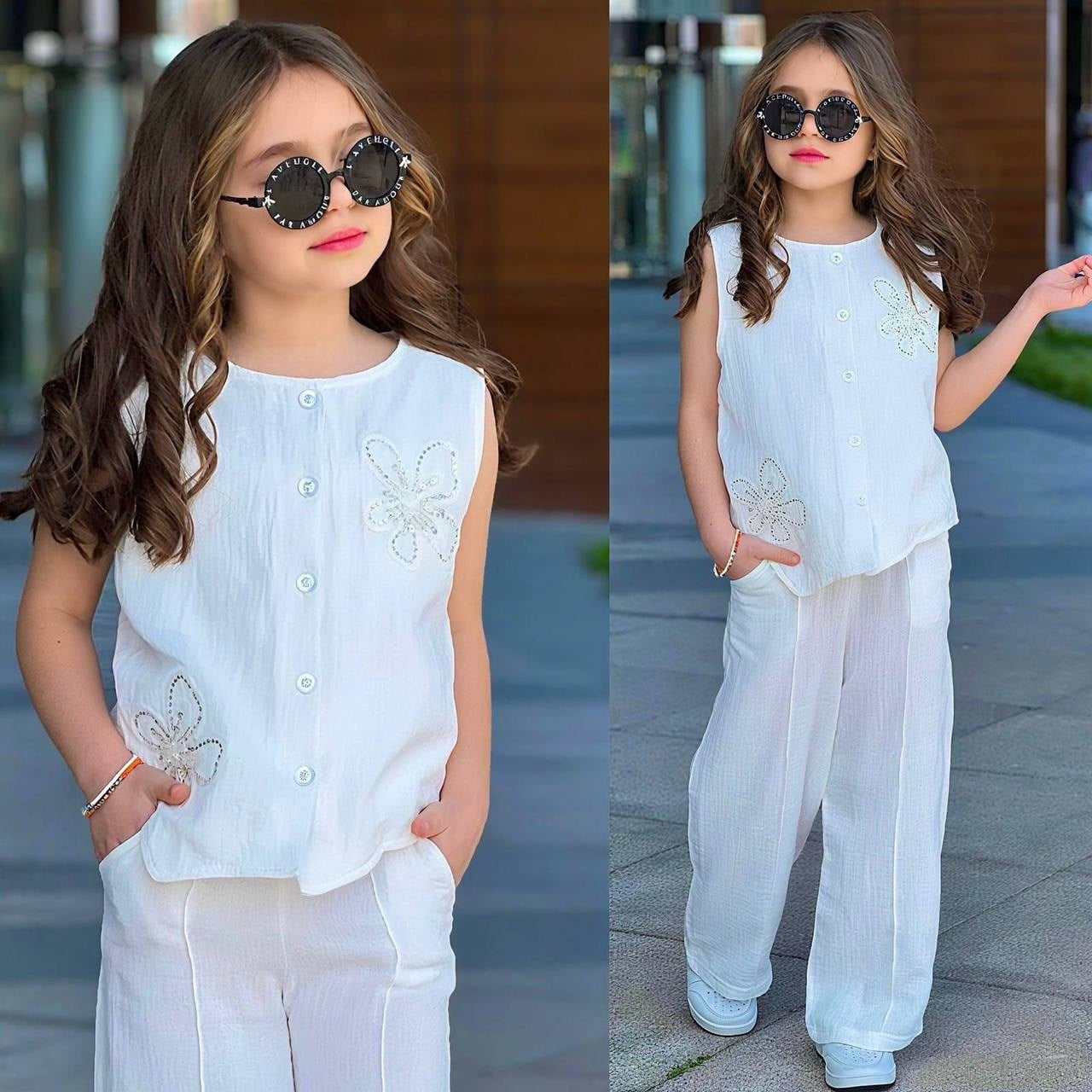 Taş Detay Çiçekli Müslin Takım - Beyaz (5-14 yaş aralığı)