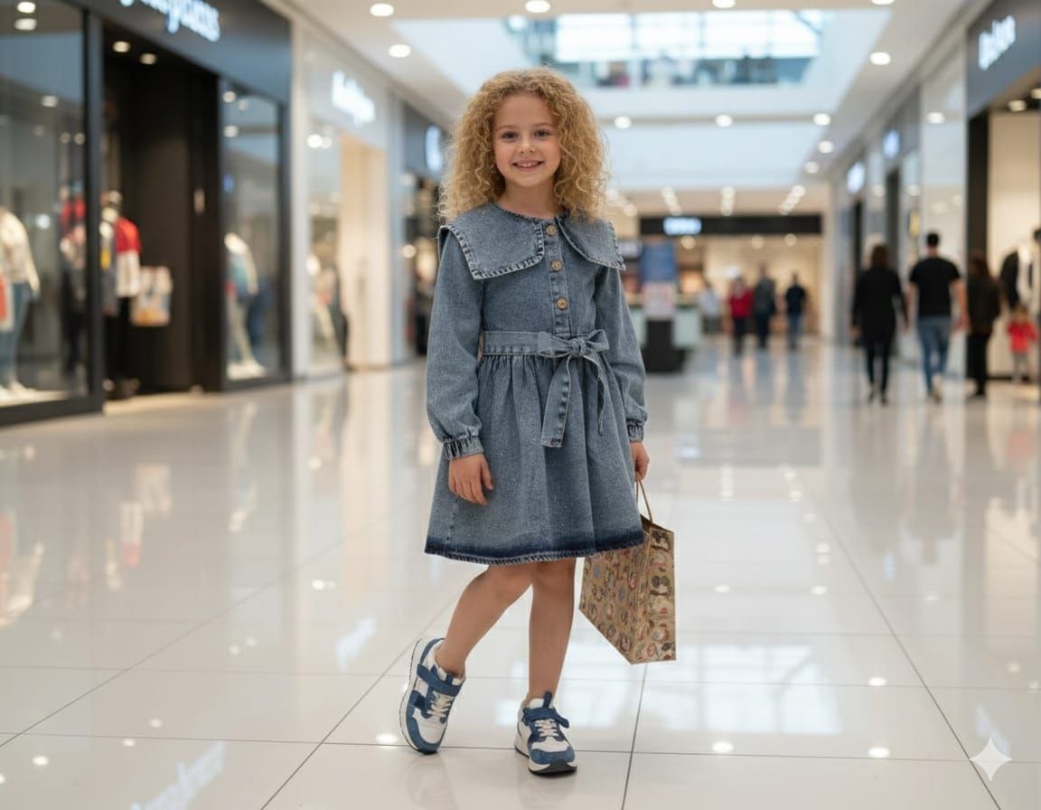 Taş Detay Kot Elbise -Mavi(4yaş-10yaş)