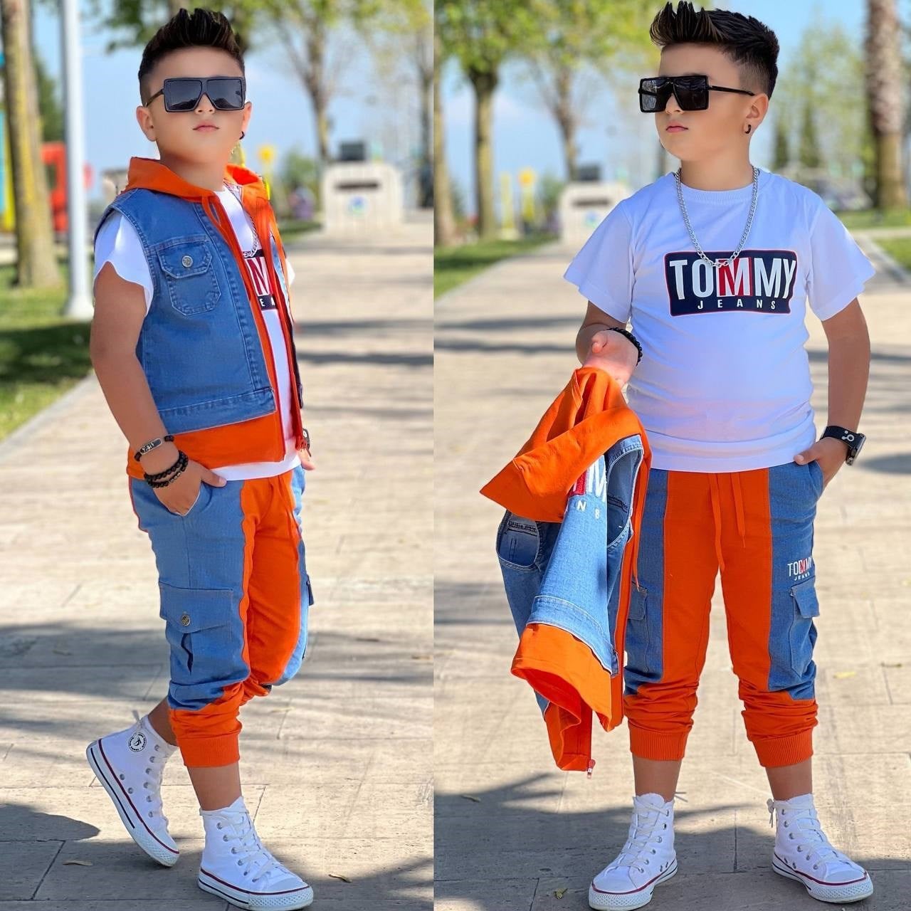 Turuncu Kapüşonlu Kot Yelekli 3lü Erkek Takım (2 yaş-14 yaş)