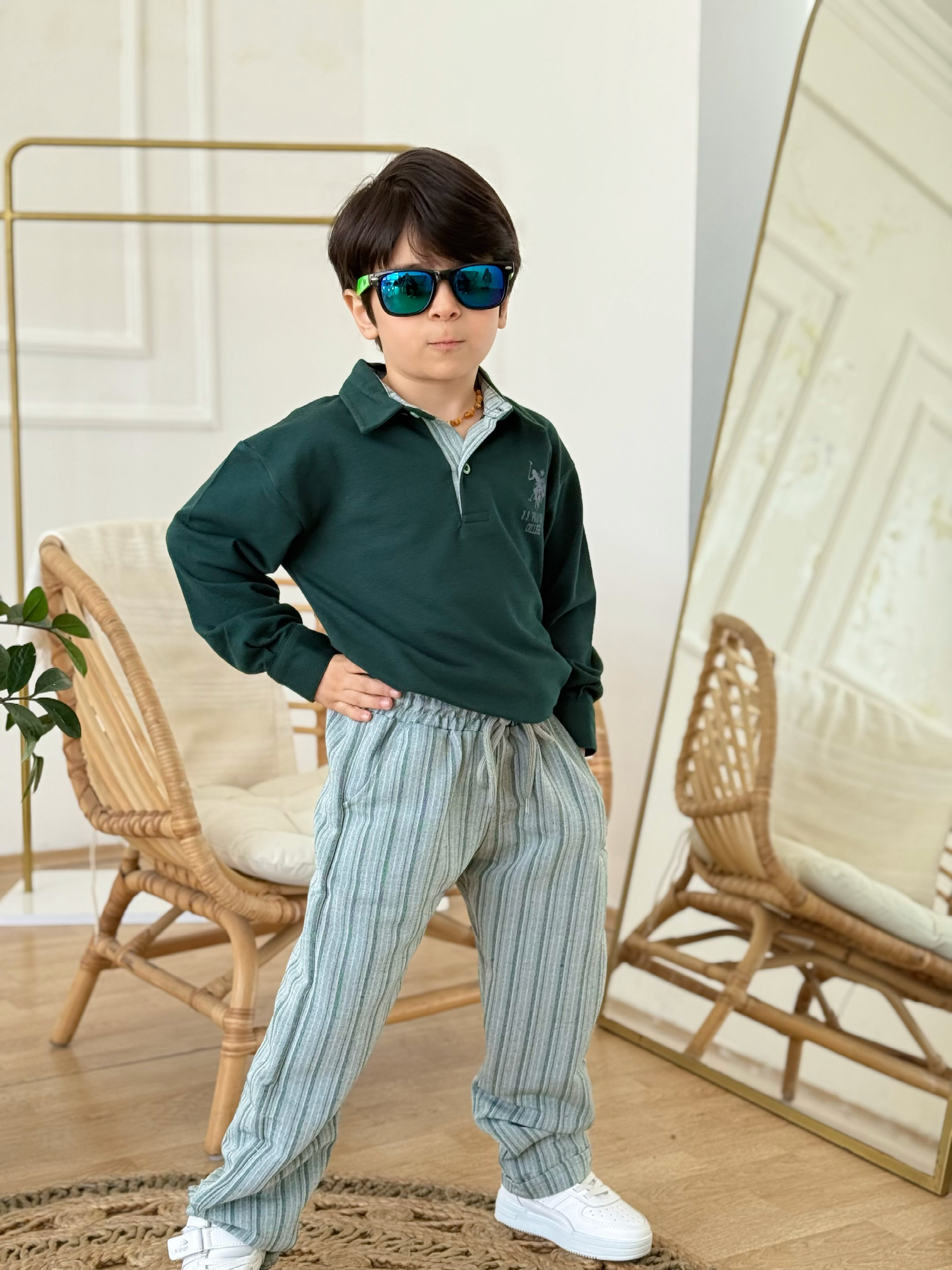 Yakalı Marka Detay Keten Pantolonlu Takım-Yeşil 3 yaş-12 yaş)