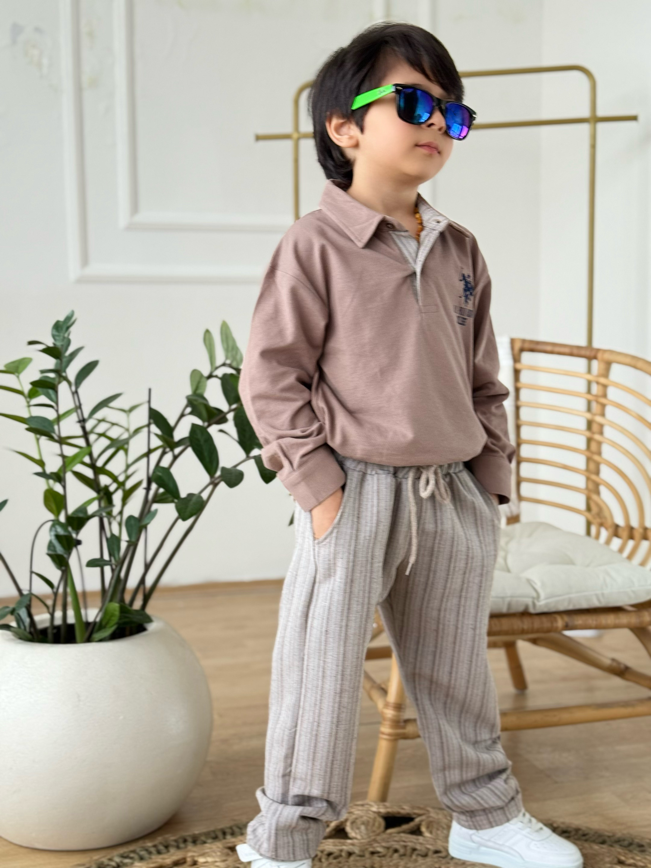 Yakalı Marka Detay Keten Pantolonlu Takım-Bej 3 yaş-12 yaş)