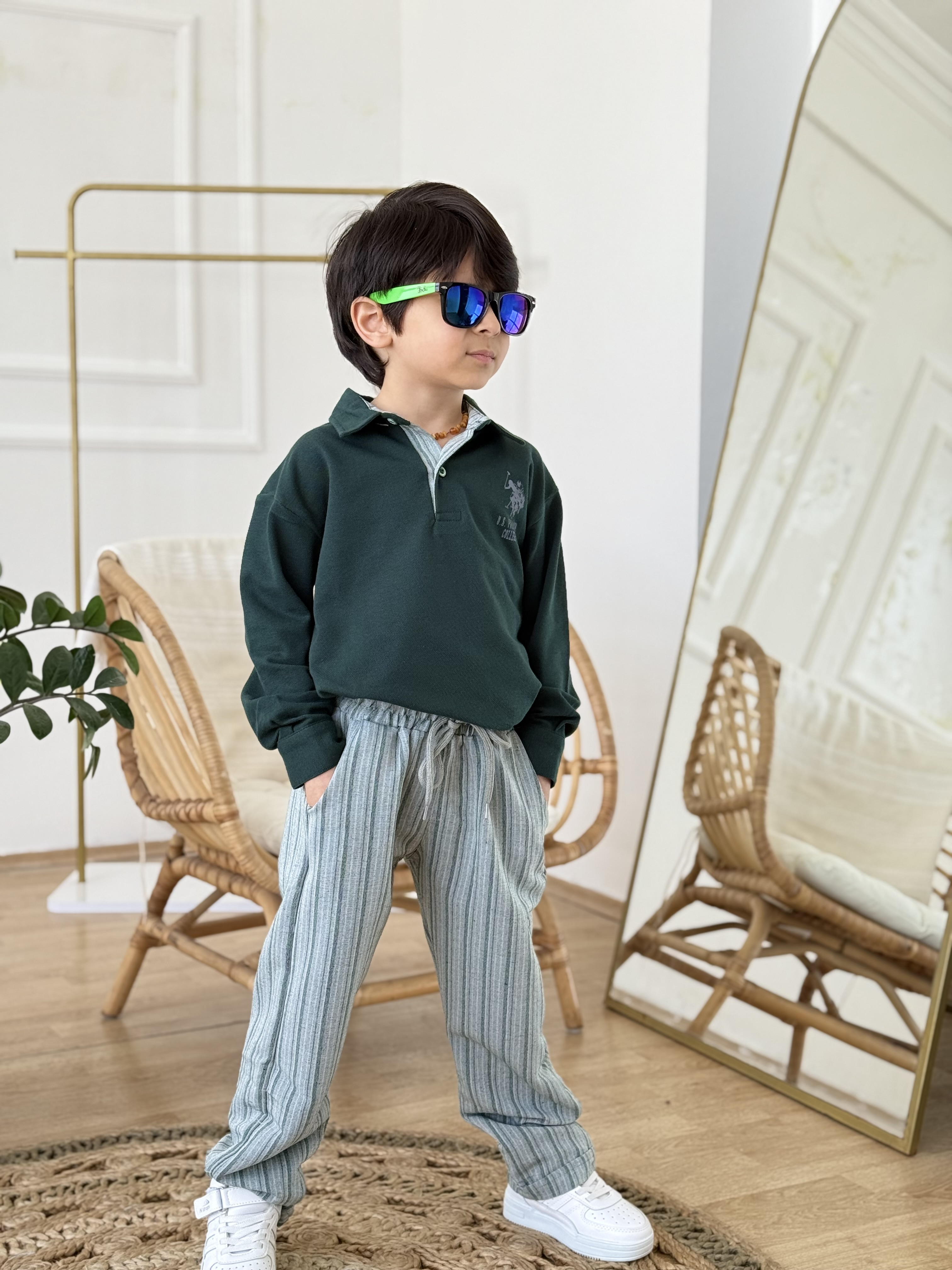 Yakalı Marka Detay Keten Pantolonlu Takım-Yeşil 3 yaş-12 yaş)