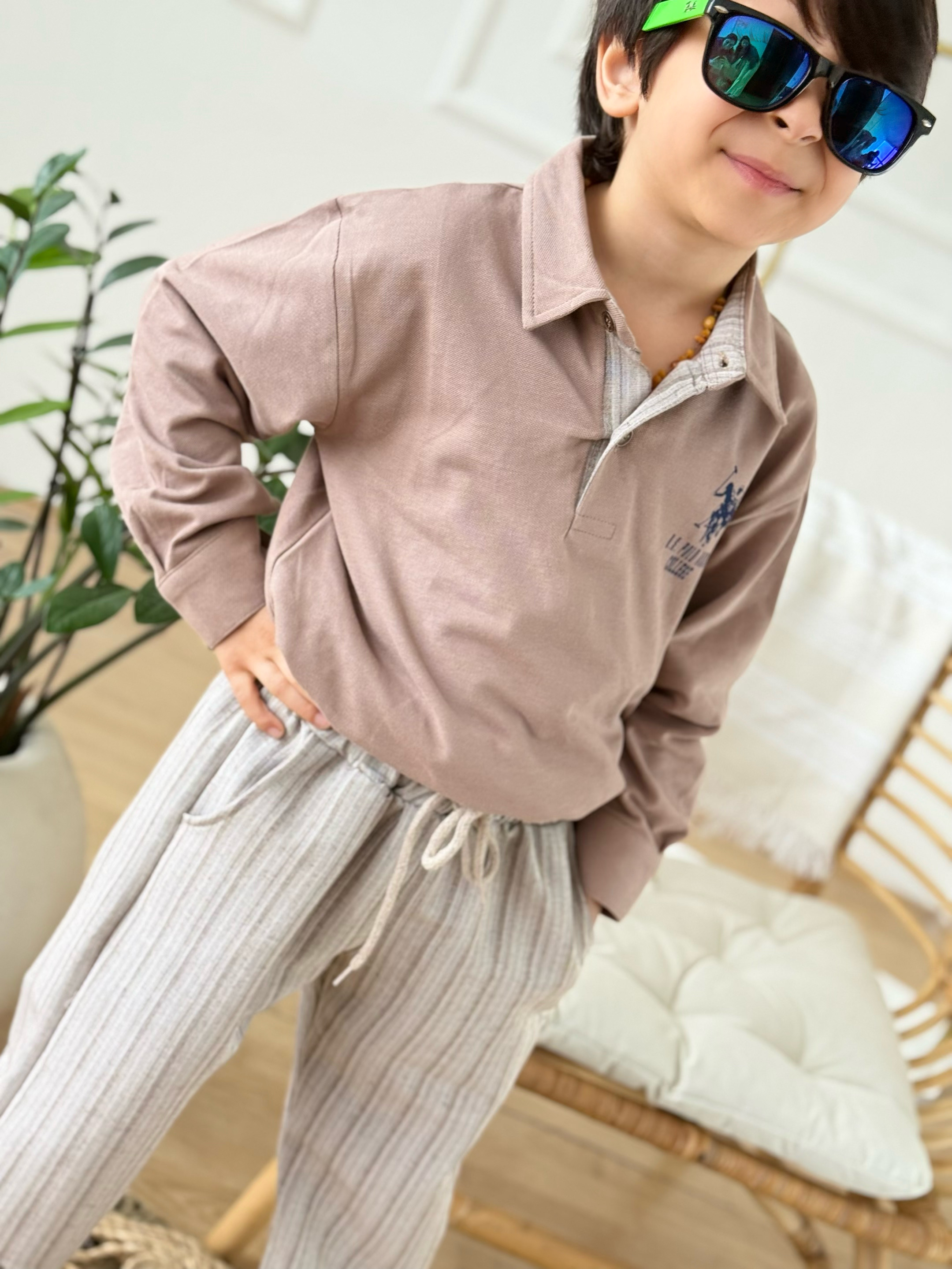 Yakalı Marka Detay Keten Pantolonlu Takım-Bej 3 yaş-12 yaş)