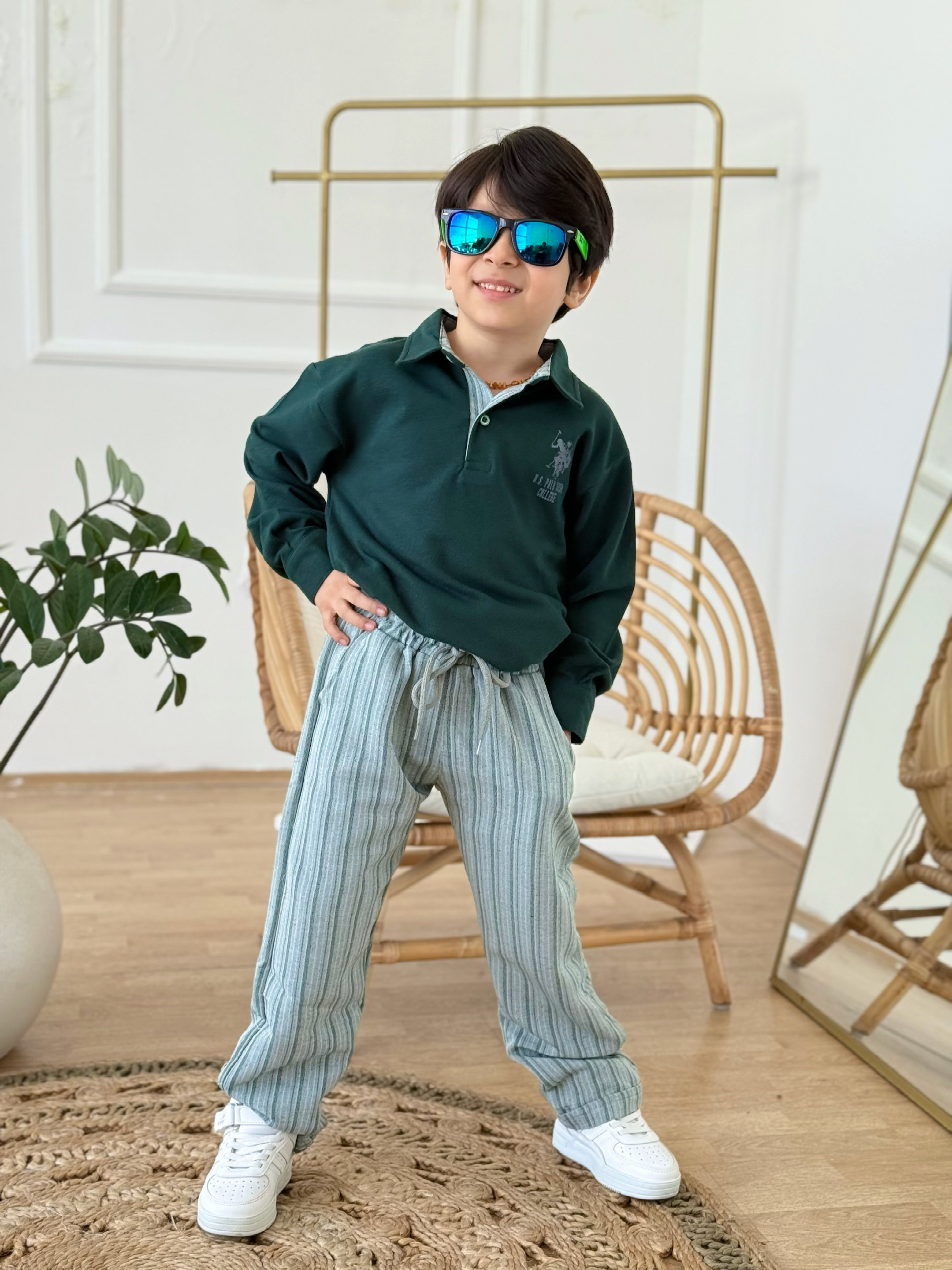 Yakalı Marka Detay Keten Pantolonlu Takım-Yeşil 3 yaş-12 yaş)