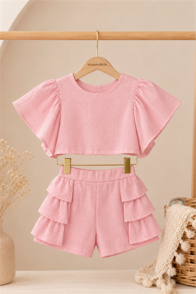  Volan Detay Keten Crop Takım - Pembe (2-8yaş)