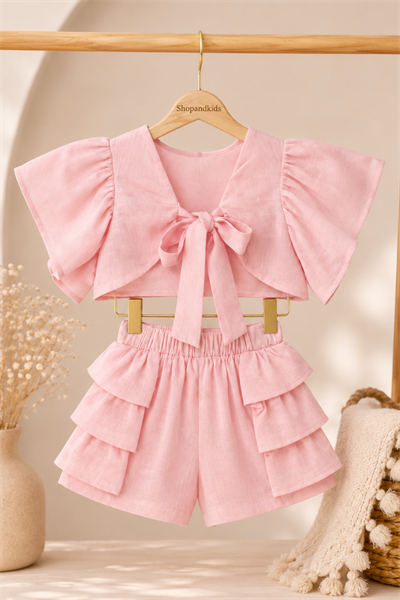  Volan Detay Keten Crop Takım - Pembe (2-8yaş)