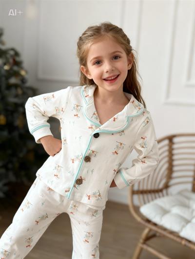  Kız Çocuk Ördek Detay Düğmeli Pijama Takım  (3-6)3yaş-8 yaş aralığı)