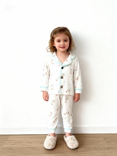  Kız Çocuk Ördek Detay Düğmeli Pijama Takım  (3-6)3yaş-8 yaş aralığı)
