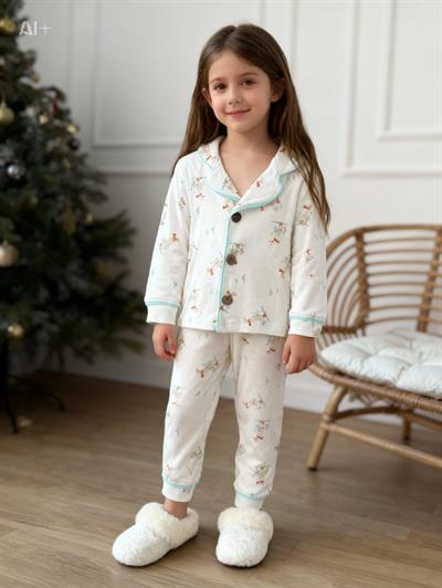  Kız Çocuk Ördek Detay Düğmeli Pijama Takım  (3-6)3yaş-8 yaş aralığı)