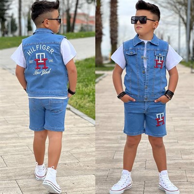 Kot Yelekli 3 lü Takım - Mavi (3-12Yaş)