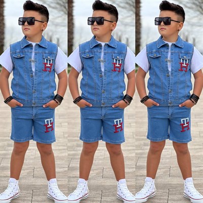 Kot Yelekli 3 lü Takım - Mavi (3-12Yaş)