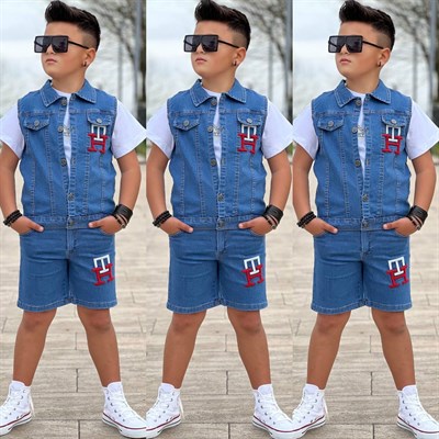 Kot Yelekli 3 lü Takım - Mavi (3-12Yaş)