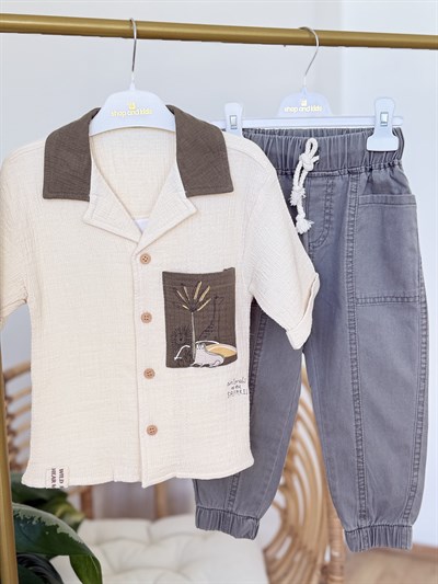  Safari Müslin Gömlekli 2 li Takım (7032) - Haki (2-6yaş)